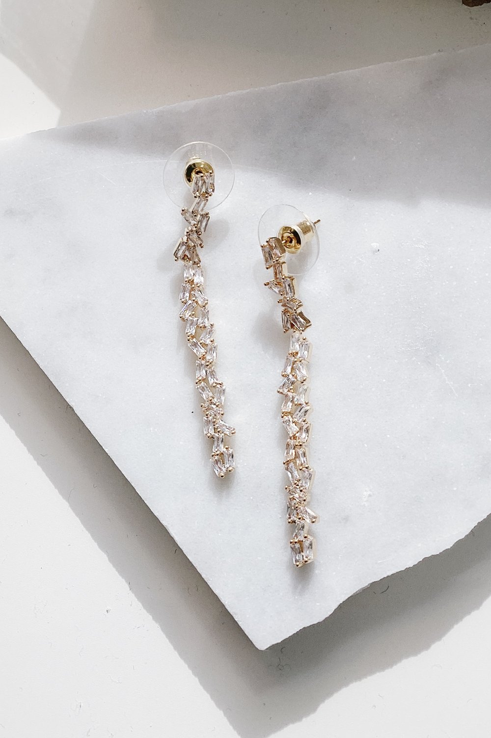 Millie 18K Gold Rhinestone Straight Drop Bridal Earrings — Jade Studio Modern Bridal Accessories