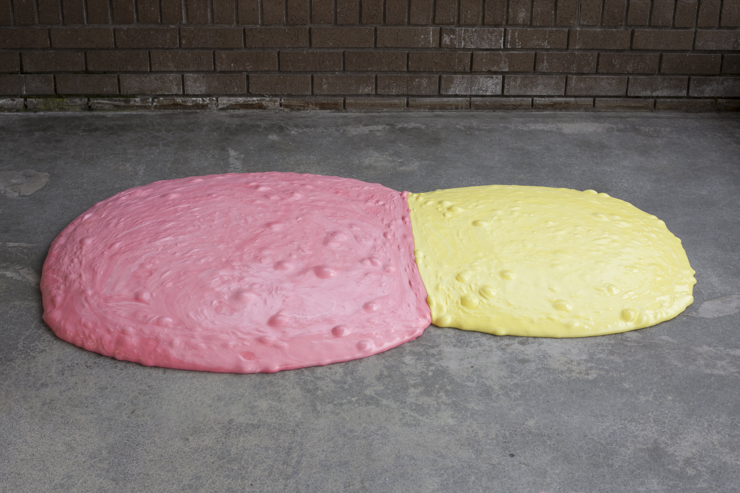   80 pounds cherry-vanilla taffy, and 40 pounds mango taffy 12" x 12" x 14" and 10" x 10" x 10" at start. Dimensions variable over time.   Installed at Prairie Underground, Seattle, WA.  