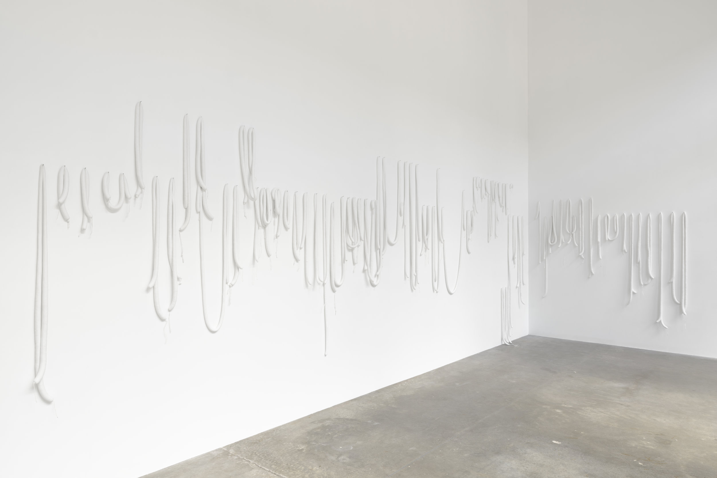  Installation view facing South.  Untitled  Plaster, sausage casings, nails  Dimensions variable 