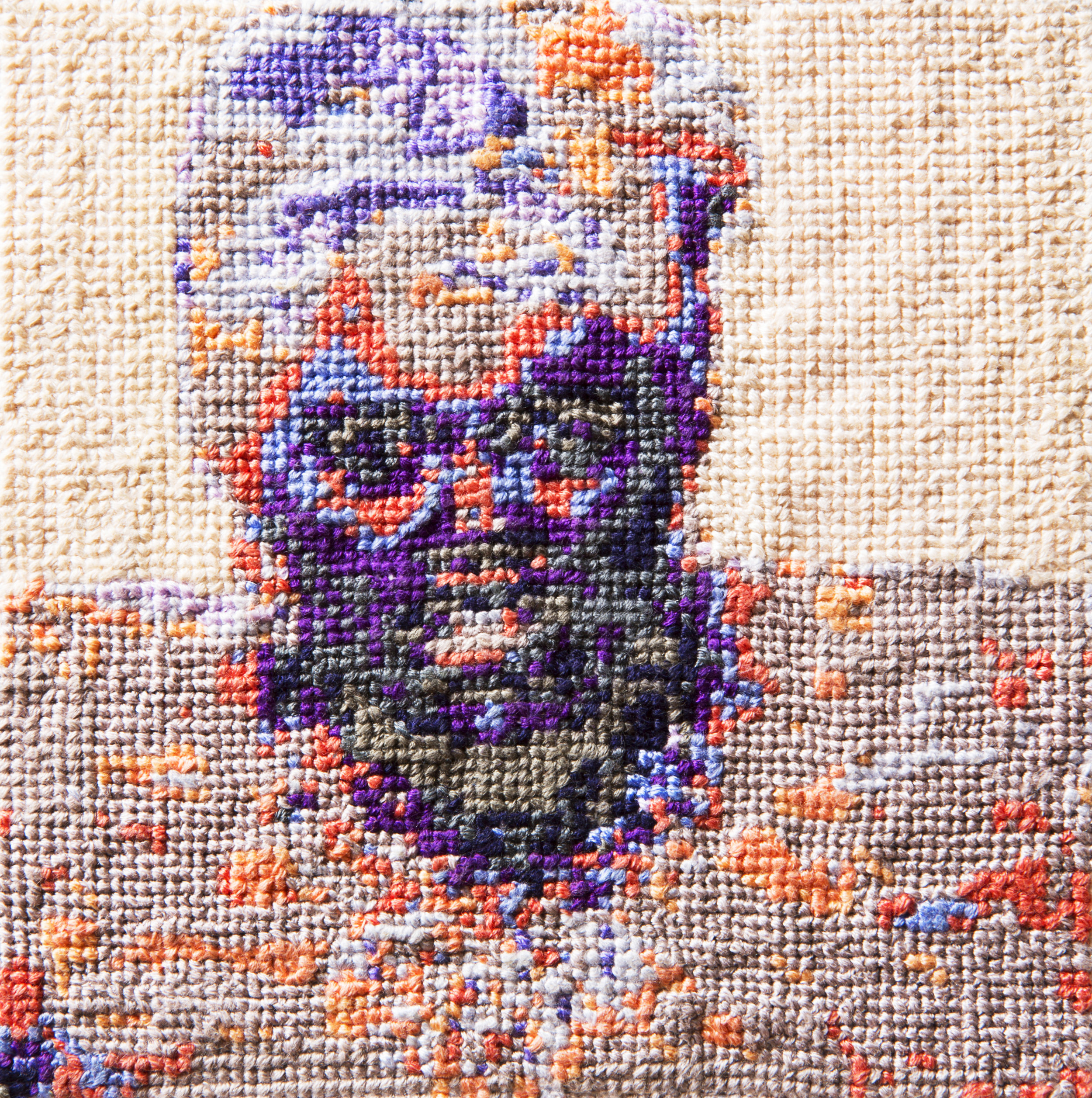   Frame 02   By Romy Aura Maloon  5 x 5 inches  Cotton thread on aida cloth  2013 