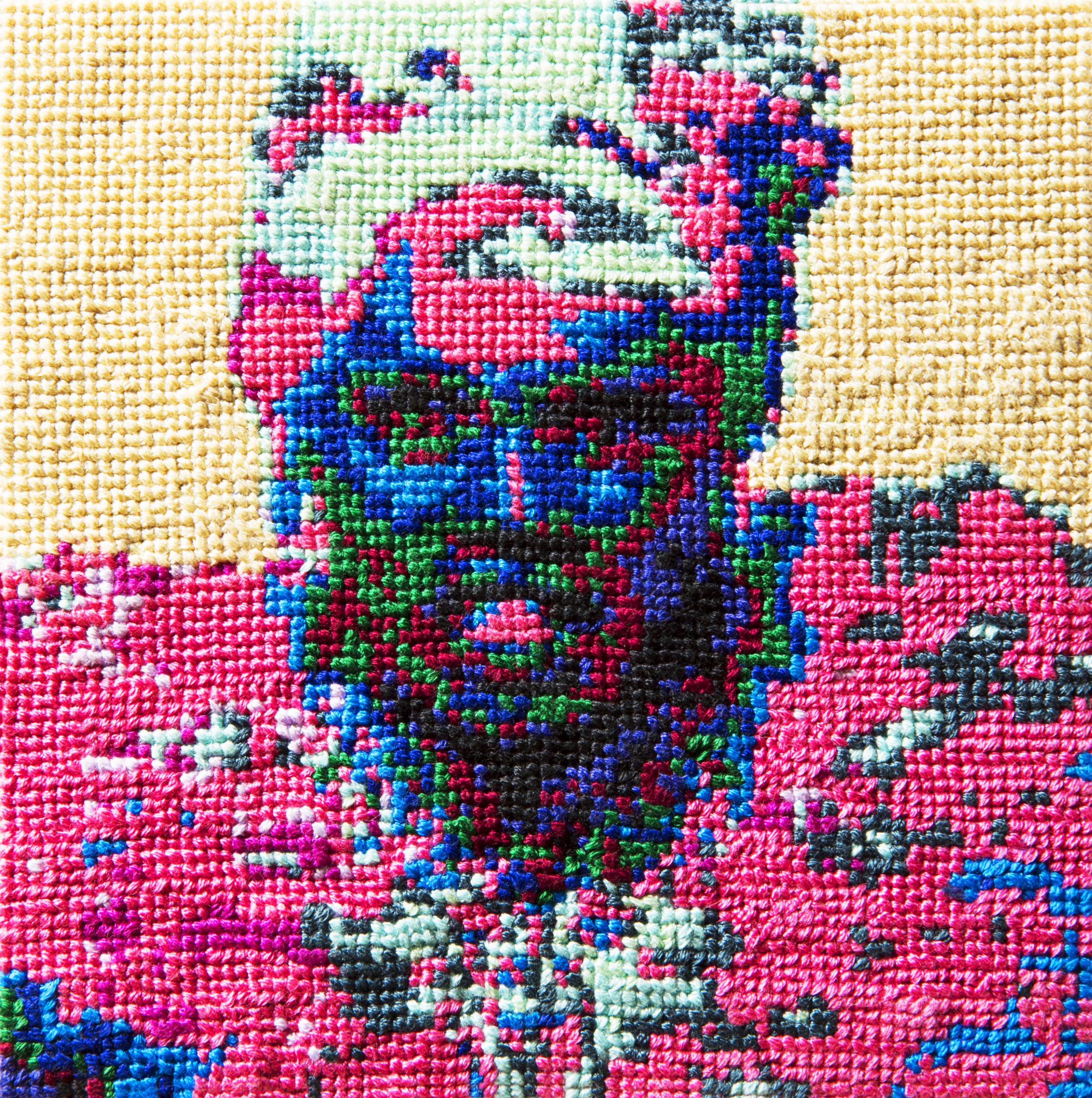   Frame 04   By Kaitlin Commiskey  5 x 5 inches  Cotton thread on aida cloth  2013 