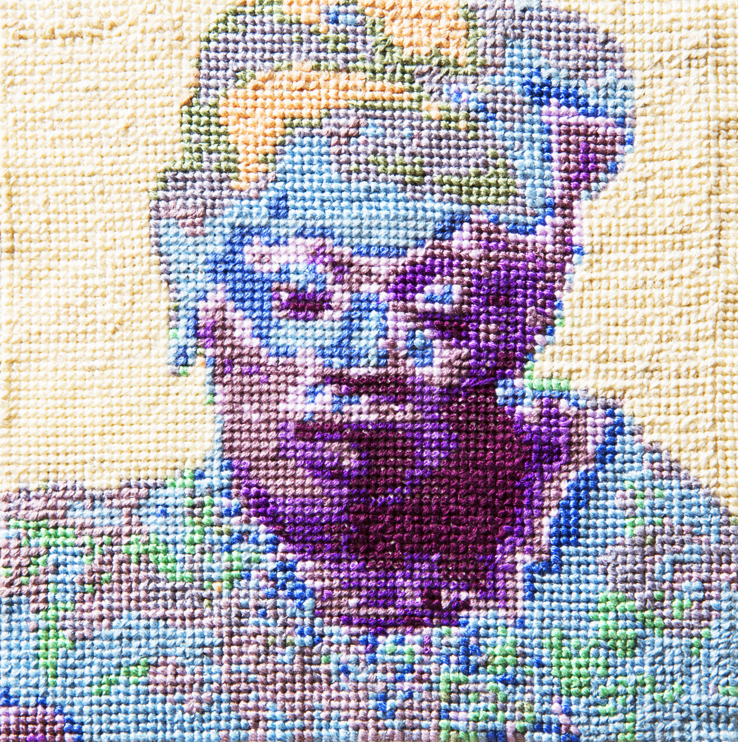   Frame 09   By Andre Keichian  5 x 5 inches  Cotton thread on aida cloth  2013 