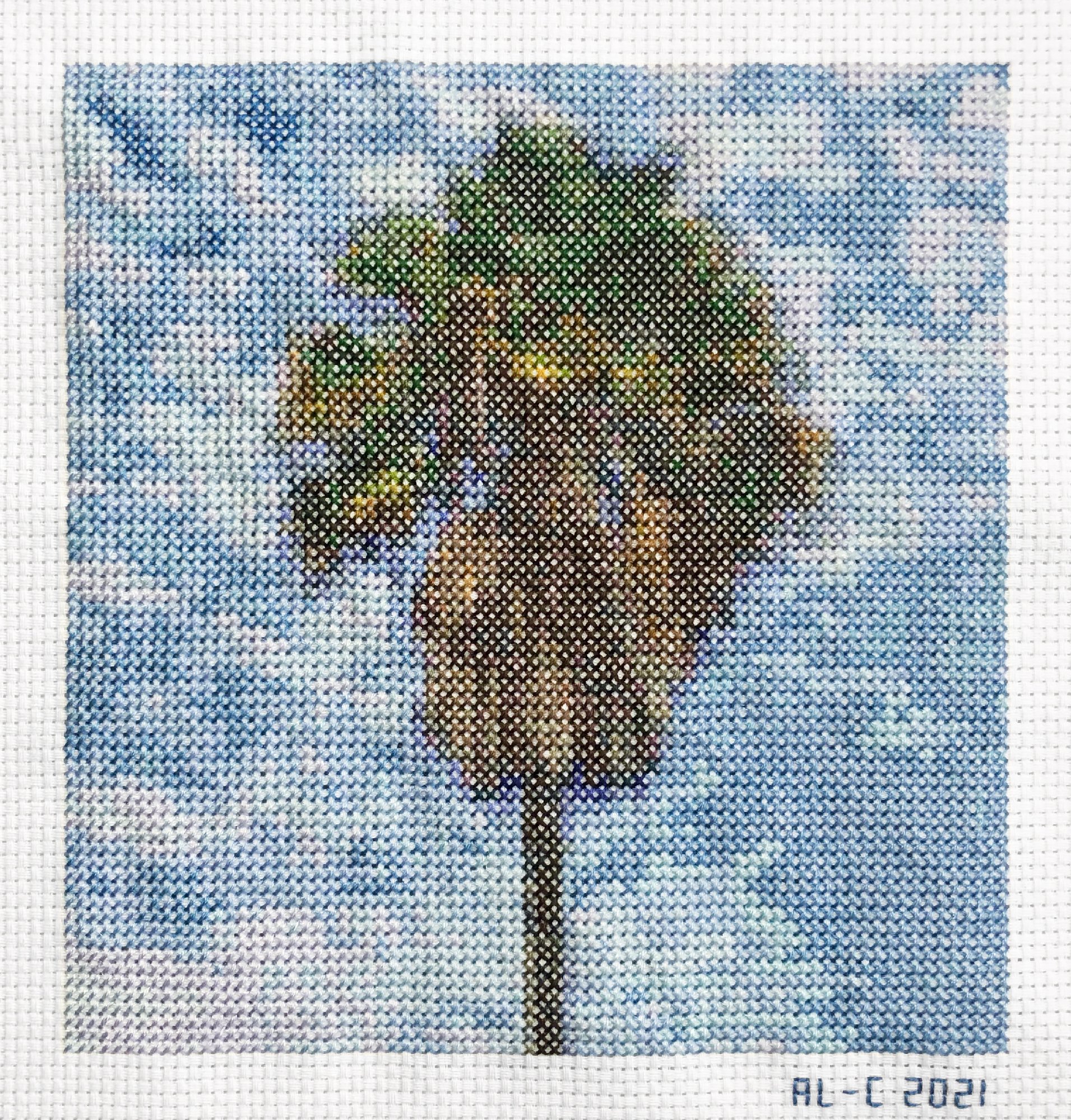   Palms 8   6.8 x 6.8 inches  Cotton thread on aida cloth  2021 