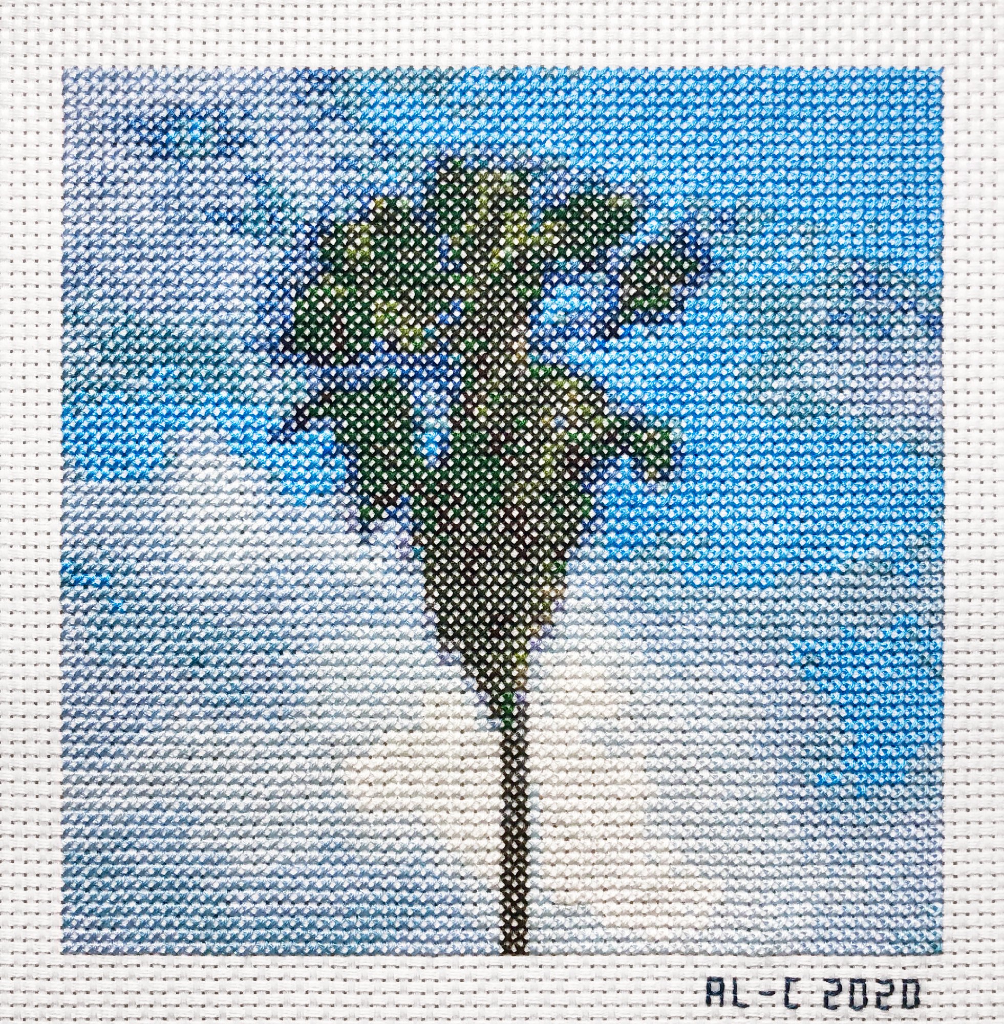   Palms 4   6.4 x 6.4 inches  Cotton thread on aida cloth  2020 