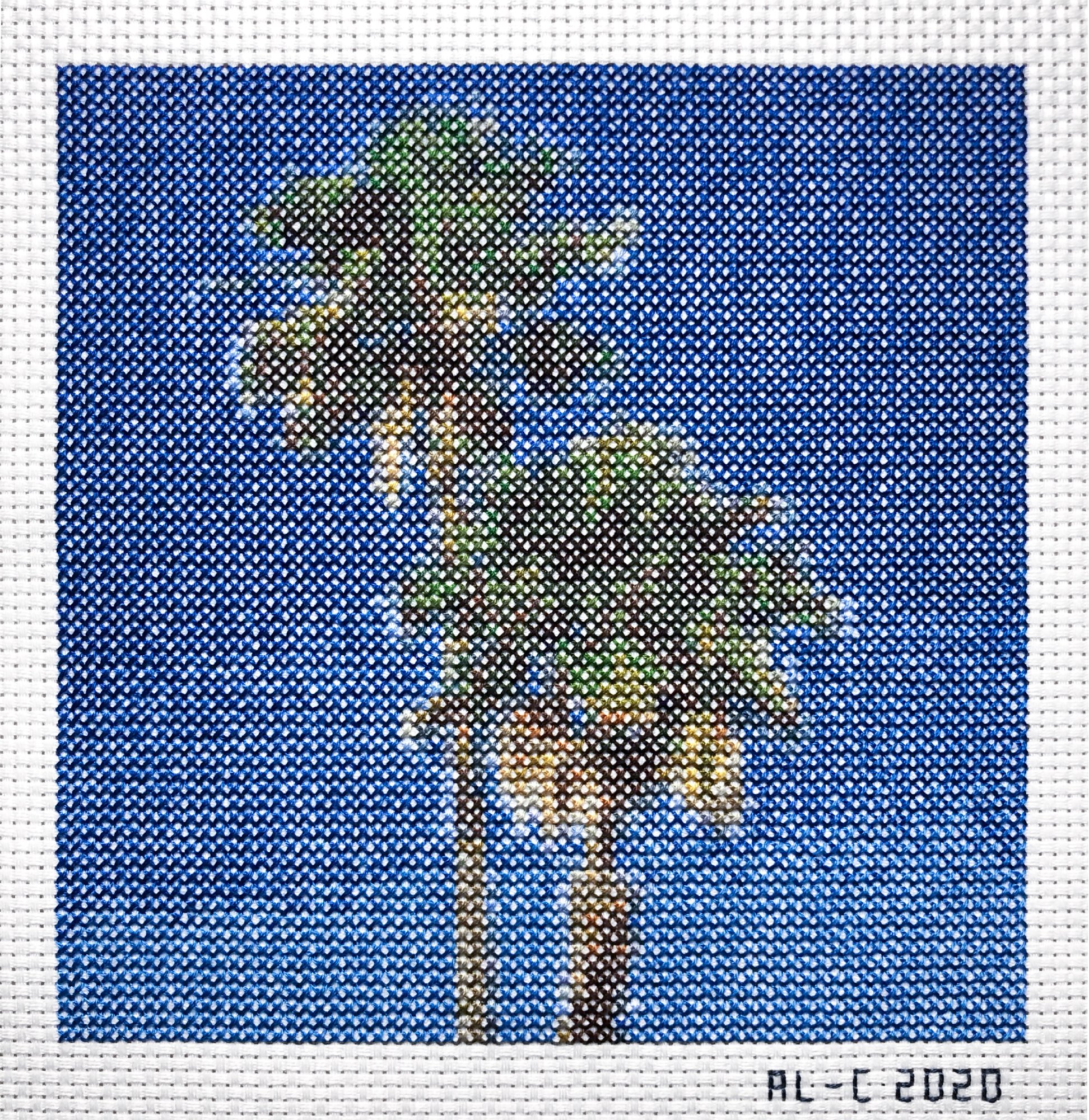   Palms 3   6.4 x 6.4 inches  Cotton thread on aida cloth  2020 