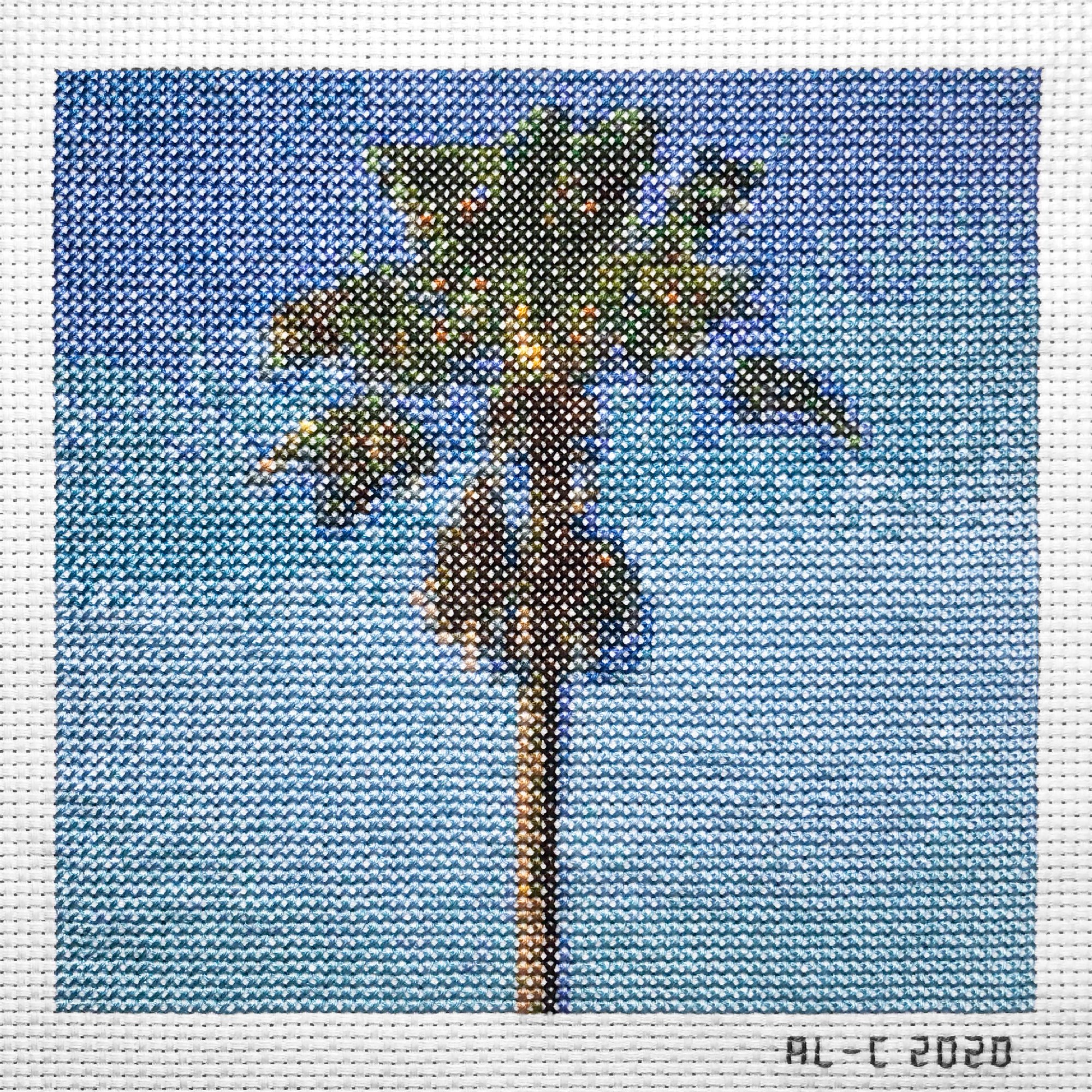   Palms 2   6.4 x 6.7 inches  Cotton thread on aida cloth  2020 