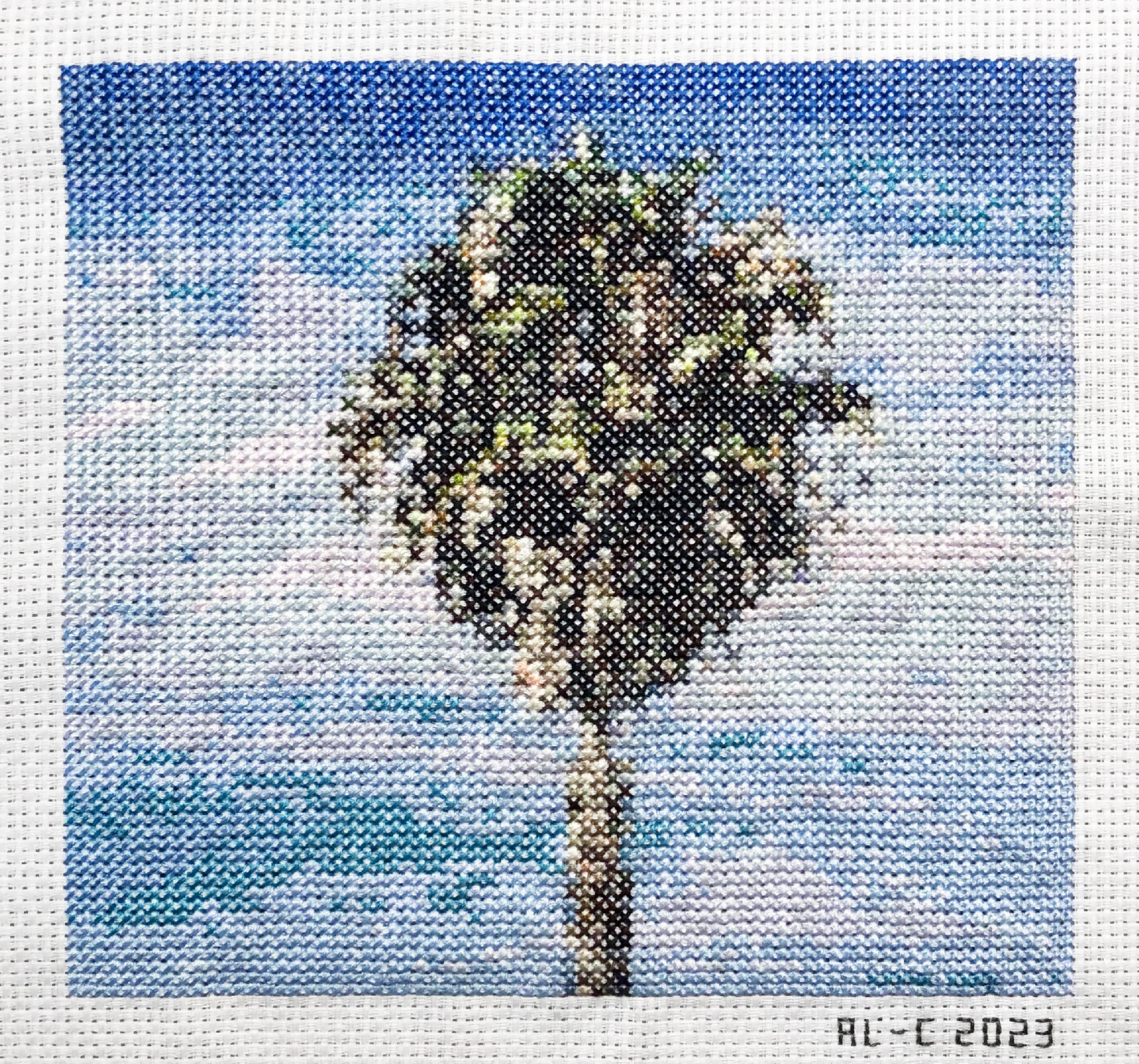   Palms 16   6.6 x 7 inches  Cotton thread on aida cloth  2023 