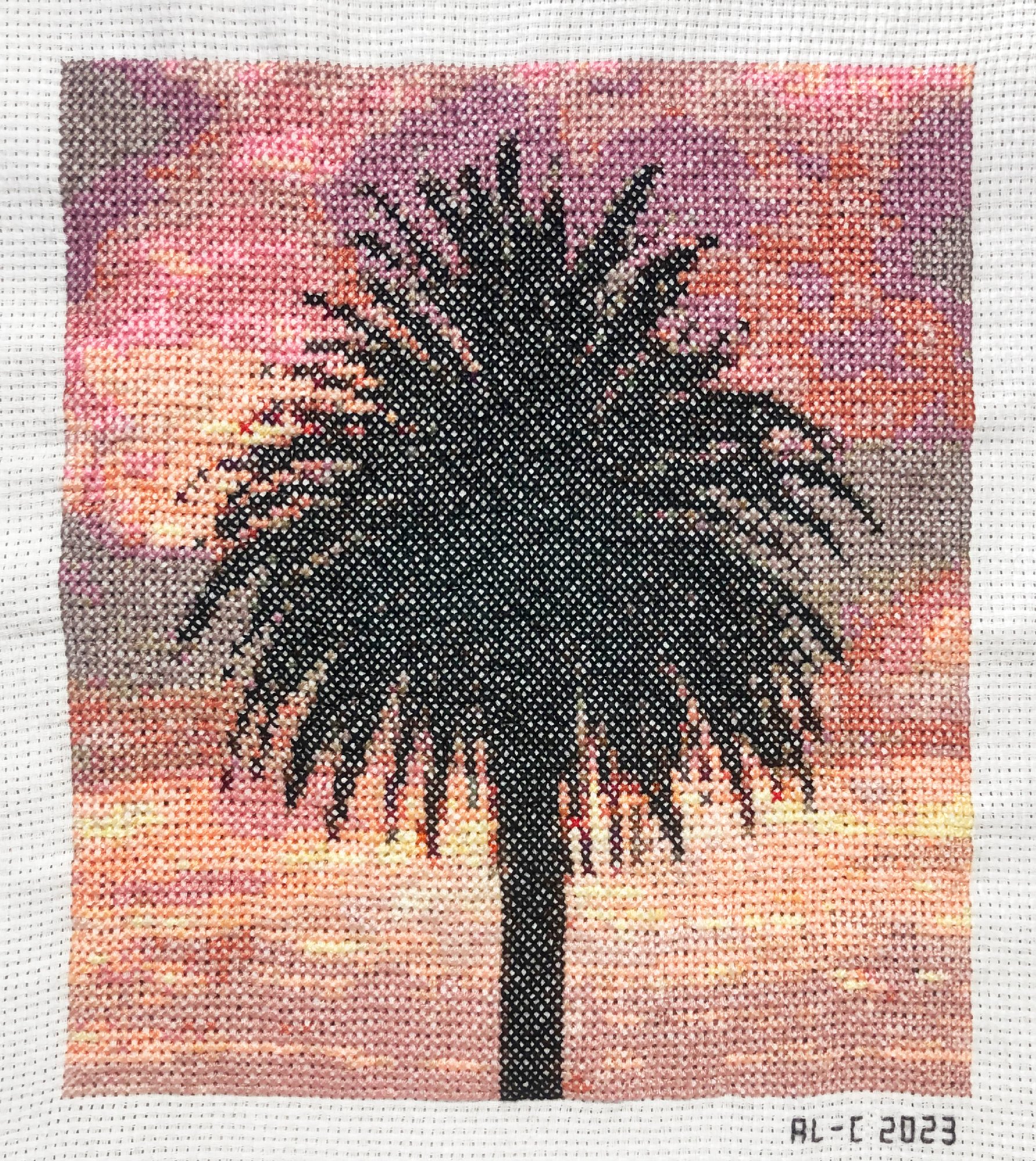   Palms 17   7.25 x 8 inches  Cotton thread on aida cloth  2023 