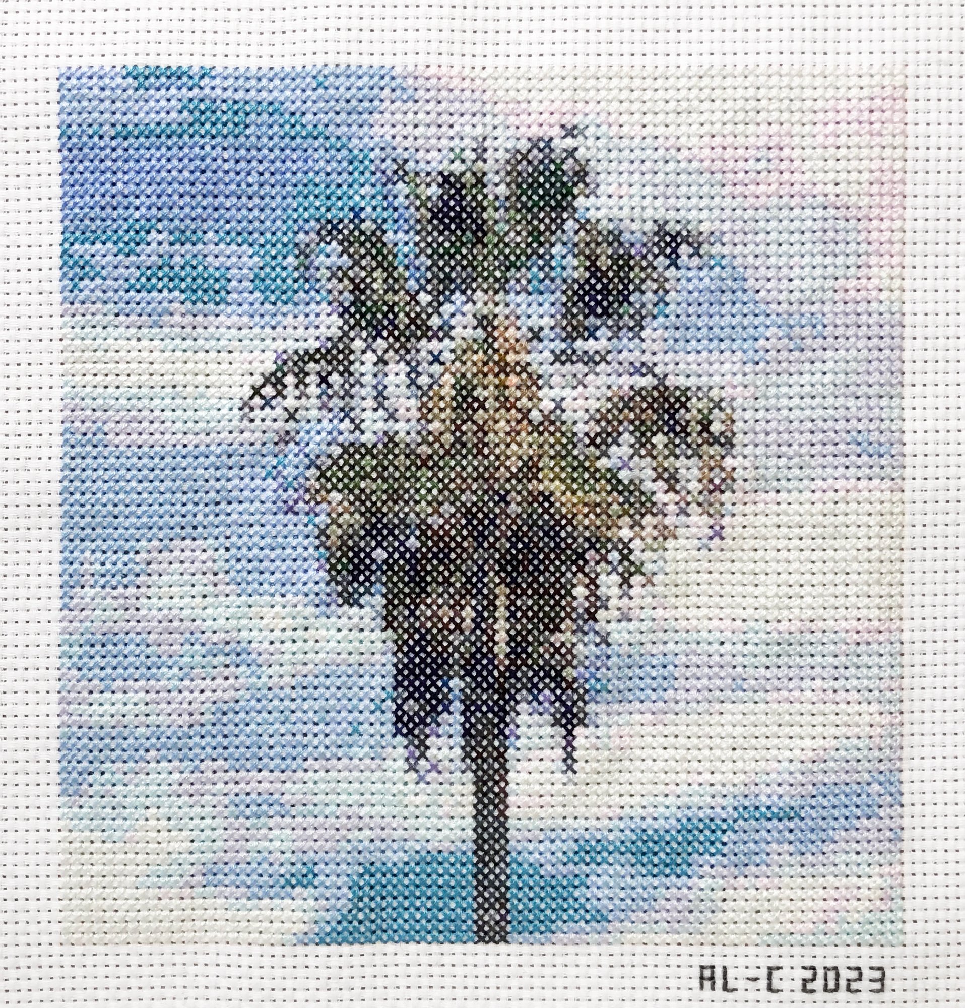   Palms 13   7 x 6.7 inches  Cotton thread on aida cloth  2023 