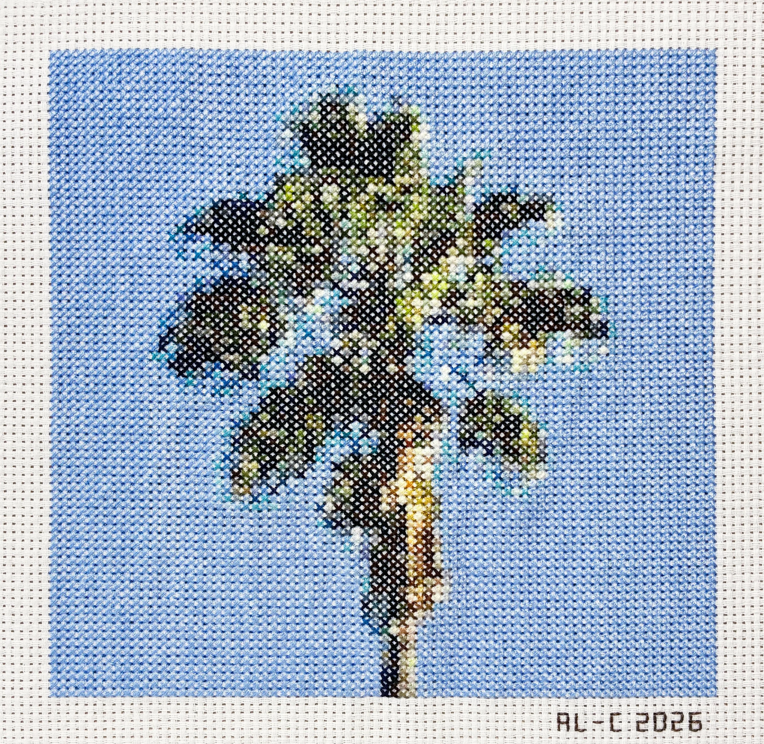   Palm 22    6.9 × 7 inches   Cotton thread on aida cloth  2026 