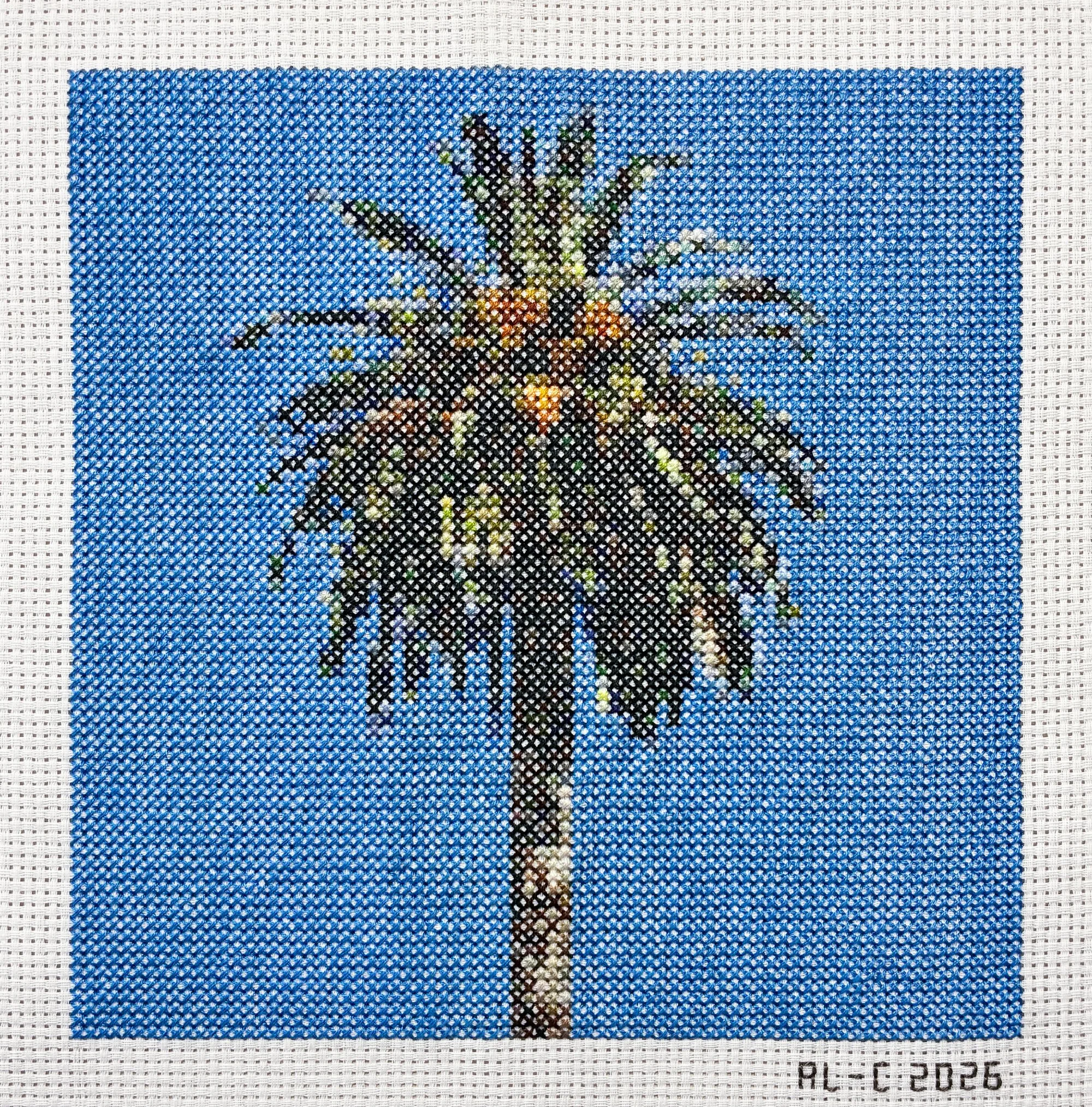   Palm 23   7.25 × 7.25" inches  Cotton thread on aida cloth  2026 