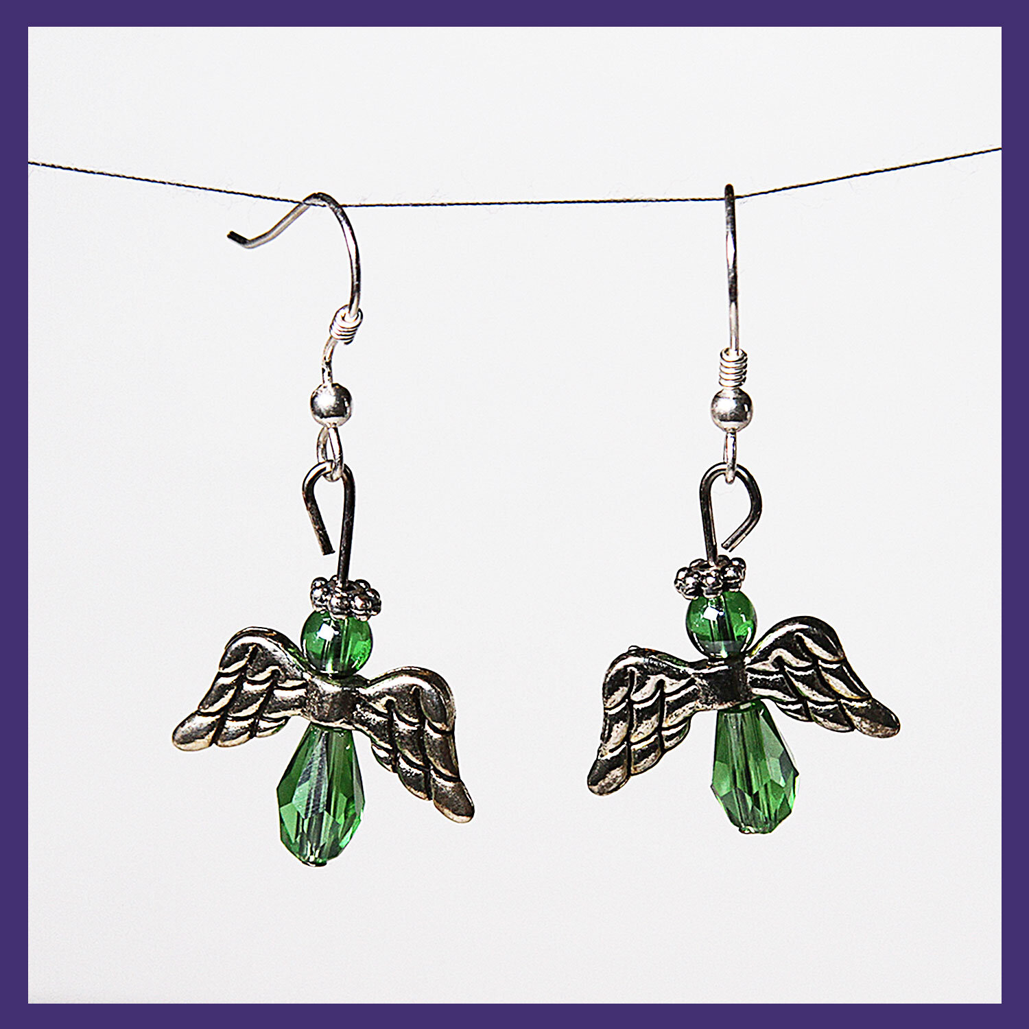 Green with Silver Angel Earrings