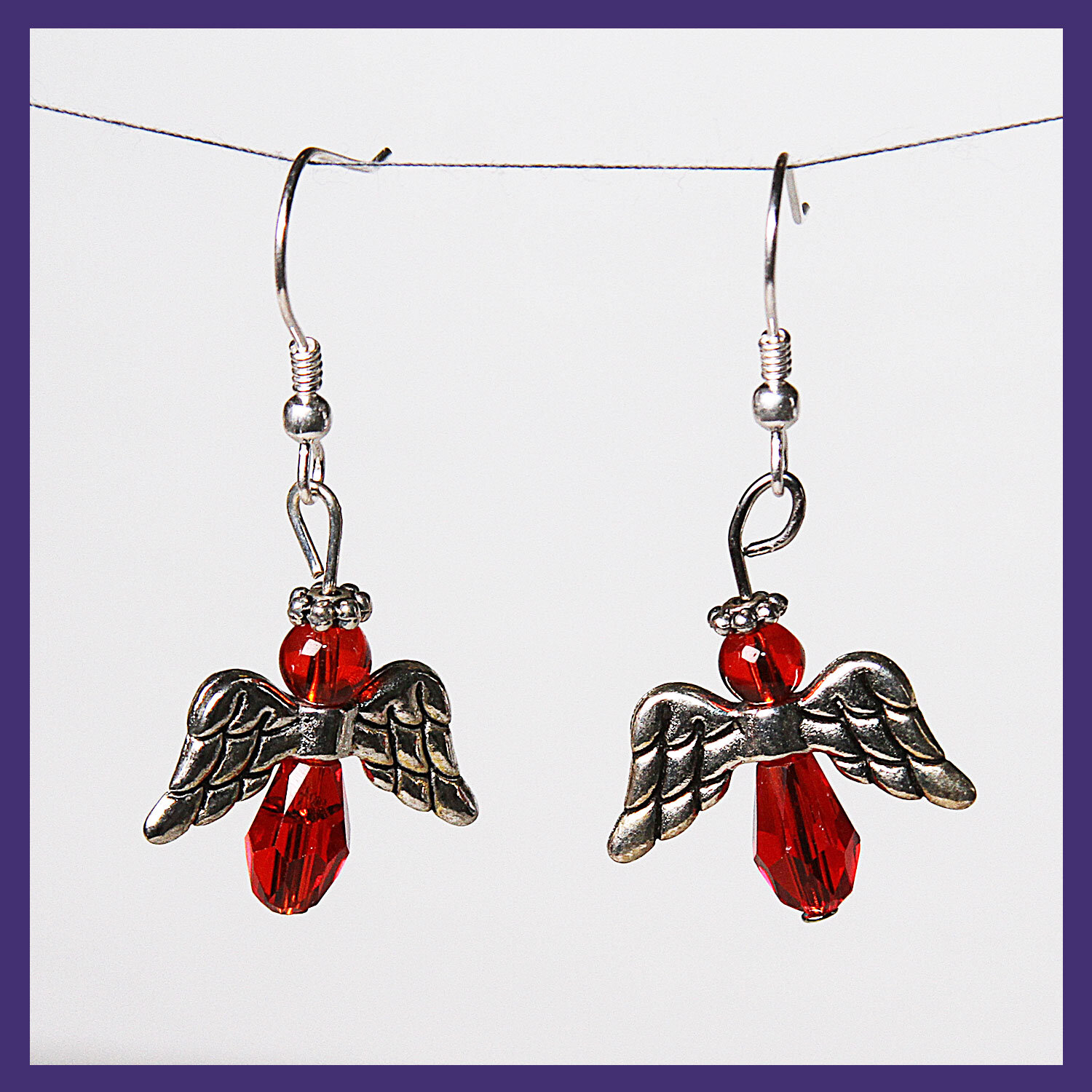 Red with Silver Angel Earrings