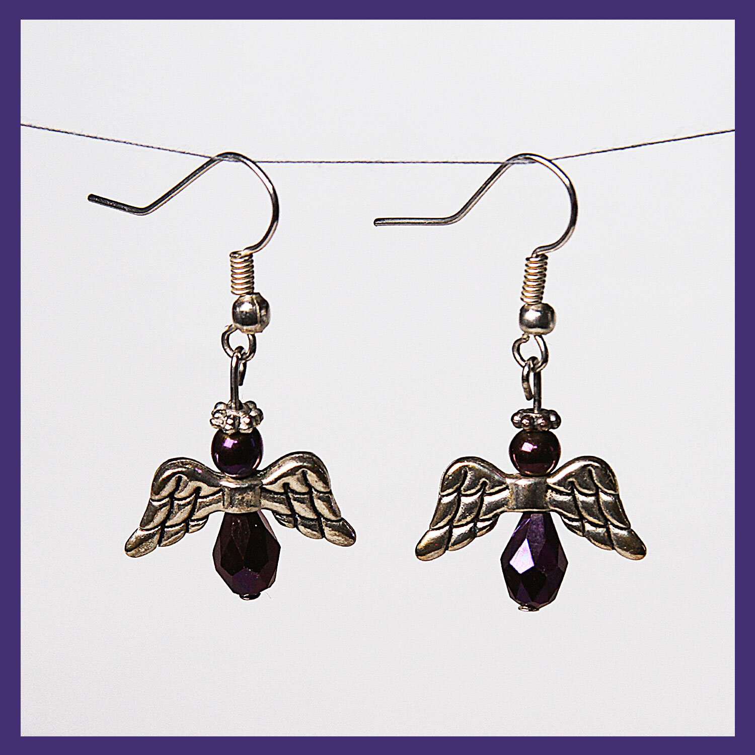 Purple with Silver Angel Earrings