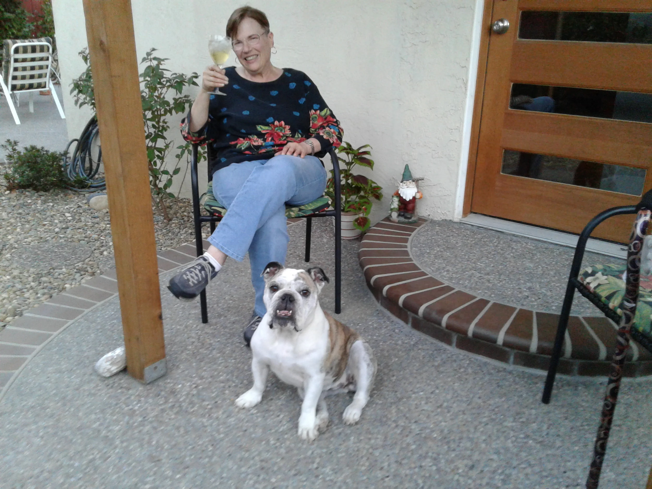 2017: Lita and Rescue Bulldog, Sofia, toasting the new book