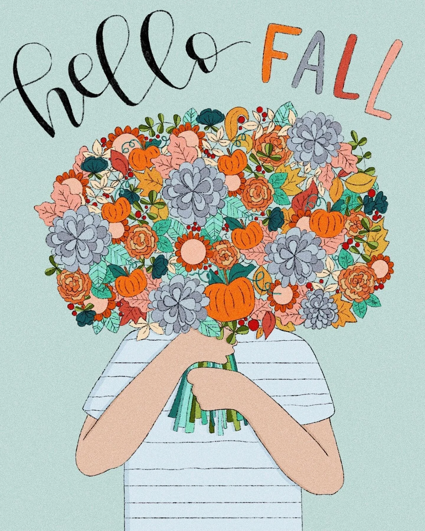 Though not technically fall, let&rsquo;s ring in September with an autumn bouquet featuring pumpkins!!! I feel like fall is all about reds, oranges, and yellows, but I love the blue greens in this piece along with the fall vines and flowers. I&rsquo;