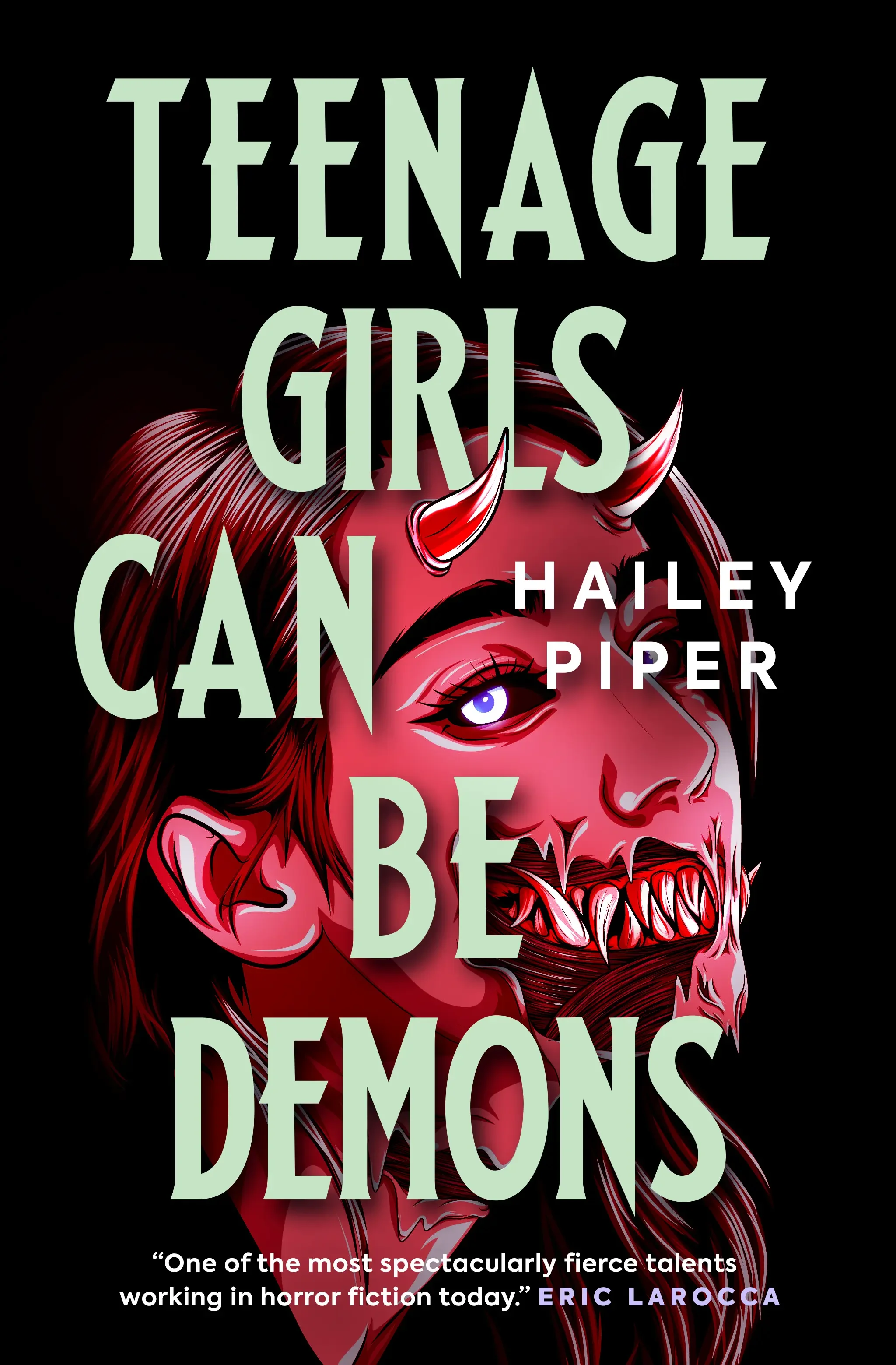 Black book cover with an animated image of a demonic girl with red skin, horns, and sharp teeth inside a gory mouth.