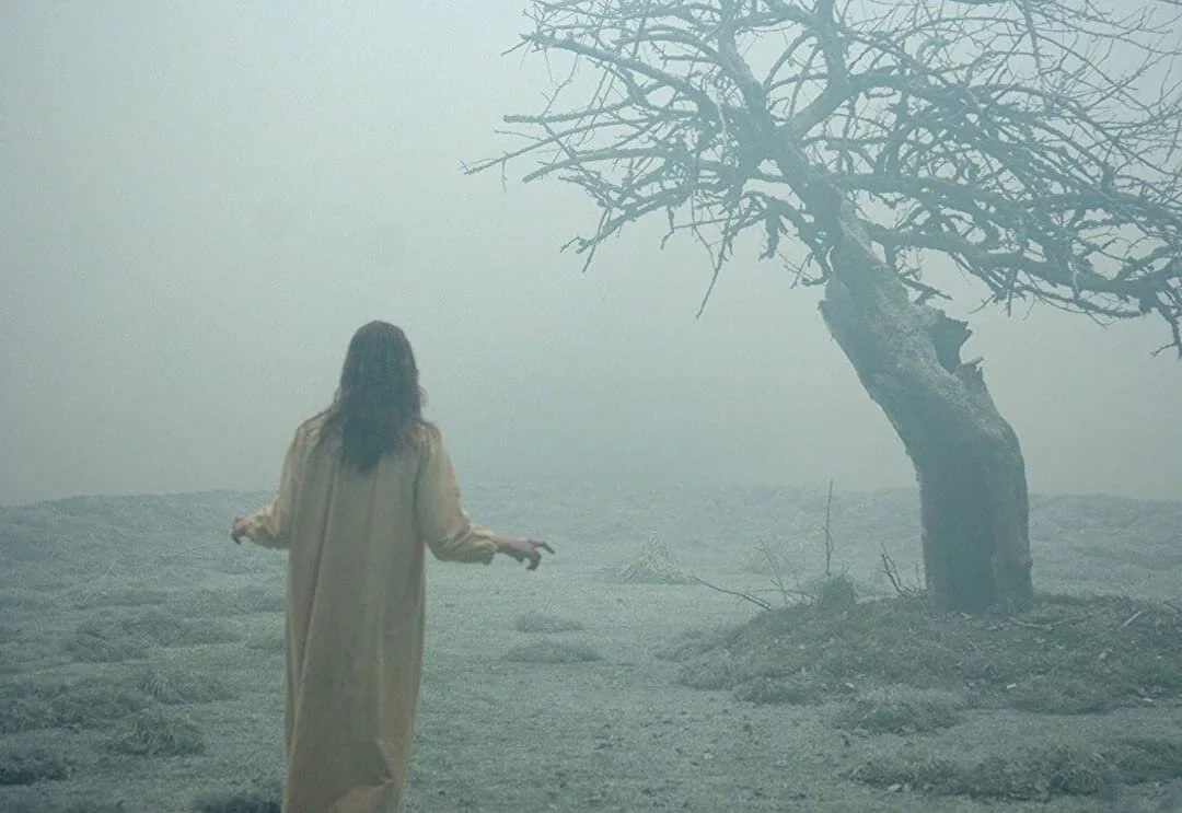 A young woman in a dirty nightgown approaches a dying tree.