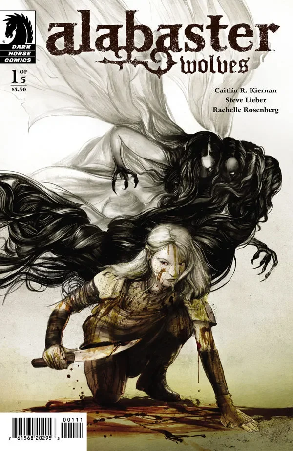 Comic book cover of a crouching women soaked in blood and holding a large knife. A wispy black spirit hovers over her.