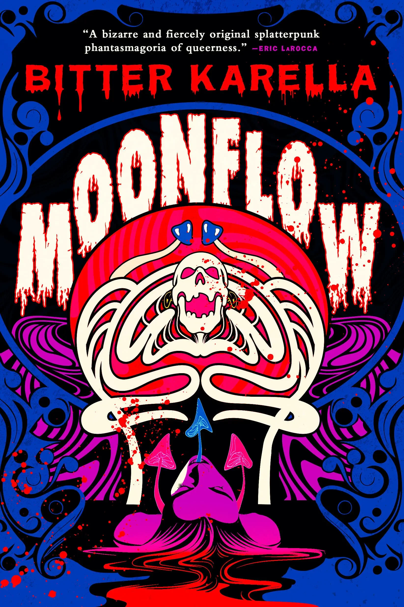 Book cover with psychadelic neon blue, red, and purple images of mushrooms emerging from a woman's face, a skull graphic above her.