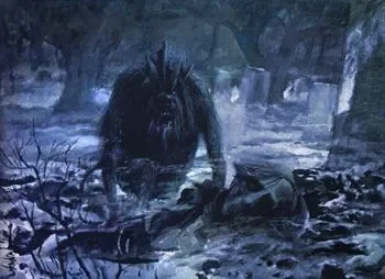 An inhuman monster rises from a blue-grey swamp.