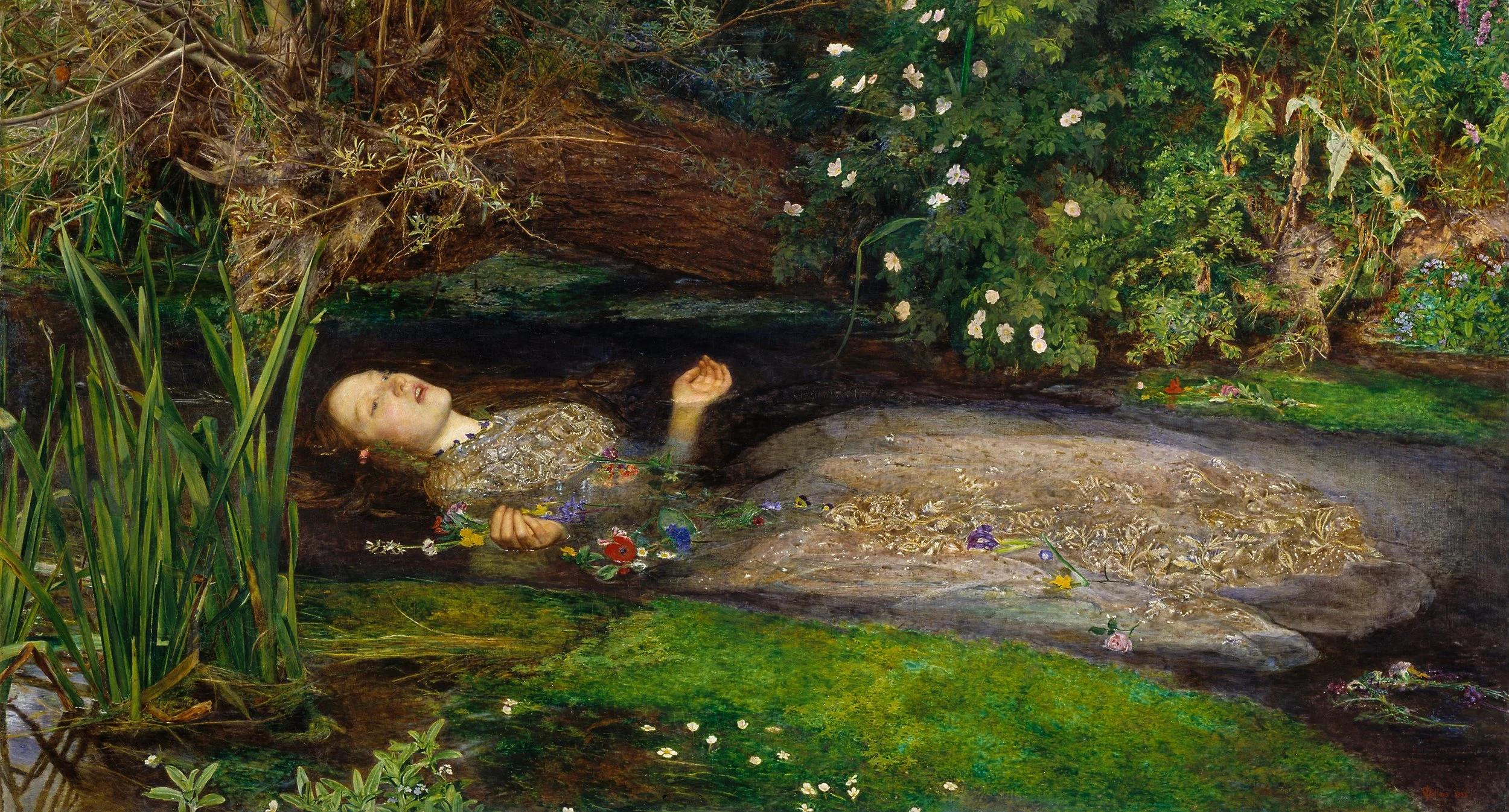 Pre-Raphaelite painting of Shakespeare's Ophelia. A young woman floats in water surrounded by verdant foliage and flowers.