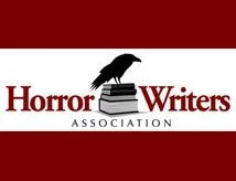 Logo of the Horror Writers Association featuring a raven perched on a stack of books on a red and white background.