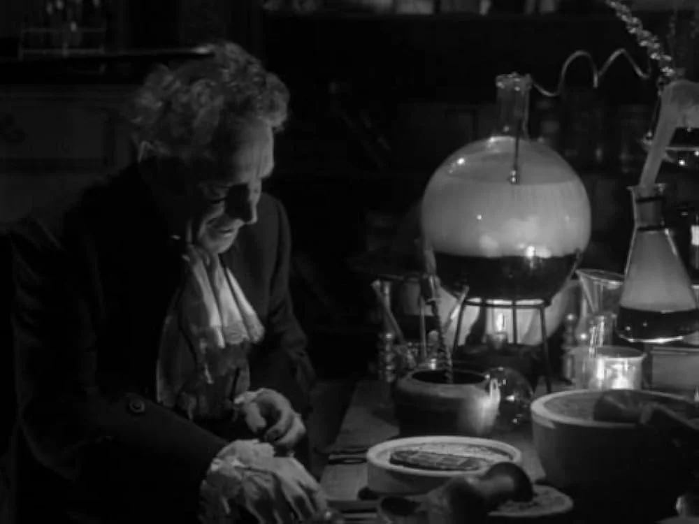 Black and white image of an older man standing in front of an alchemist's laboratory.