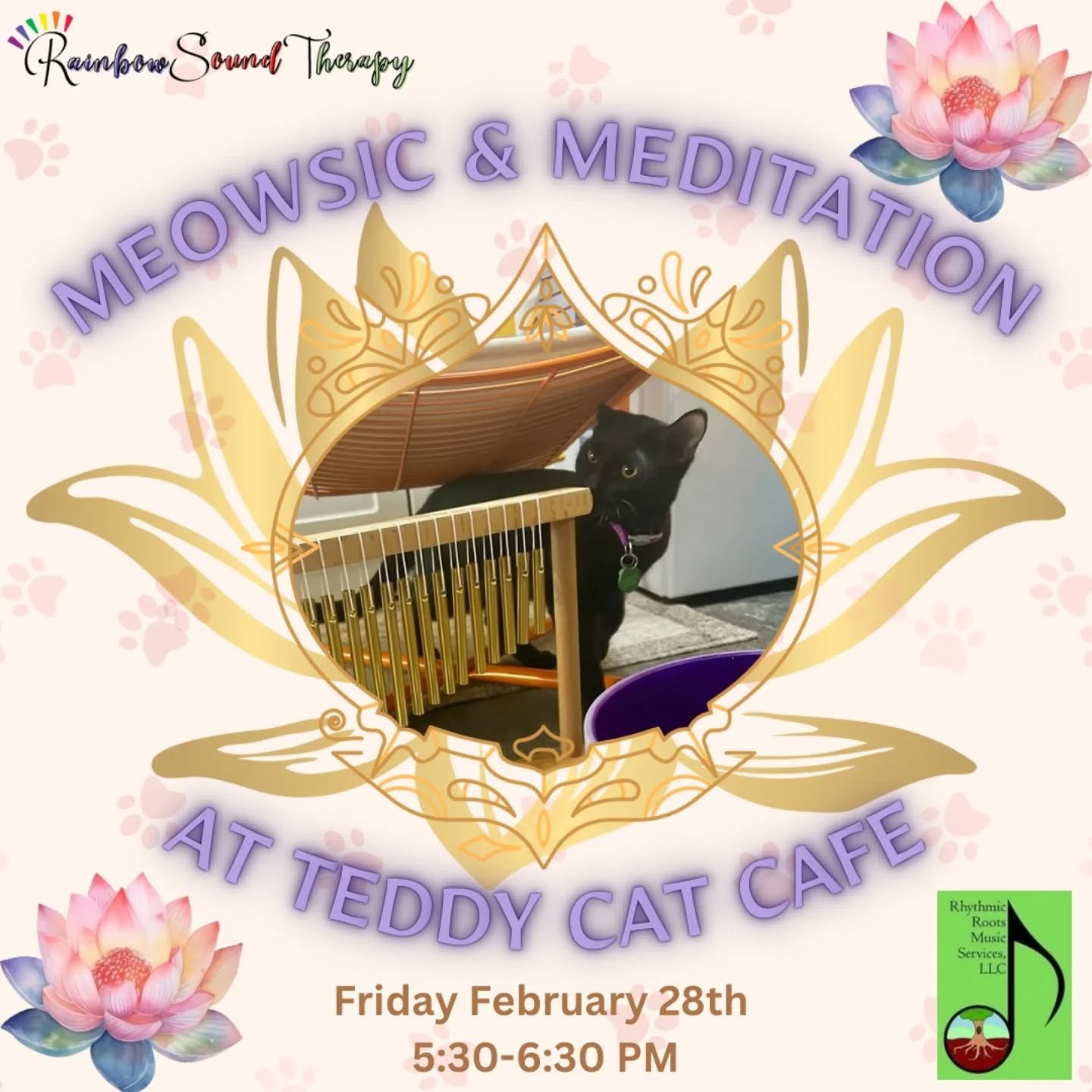 We hope you can join us for our next Meowsic &amp; Meditation on February 28th! End the month with some self-love, relaxation, and cats! Get your ticket here: https://www.teddycatcafe.com/bookyourvisit

#FurBaby #family #LovedOnes #MentalHealth #Emot