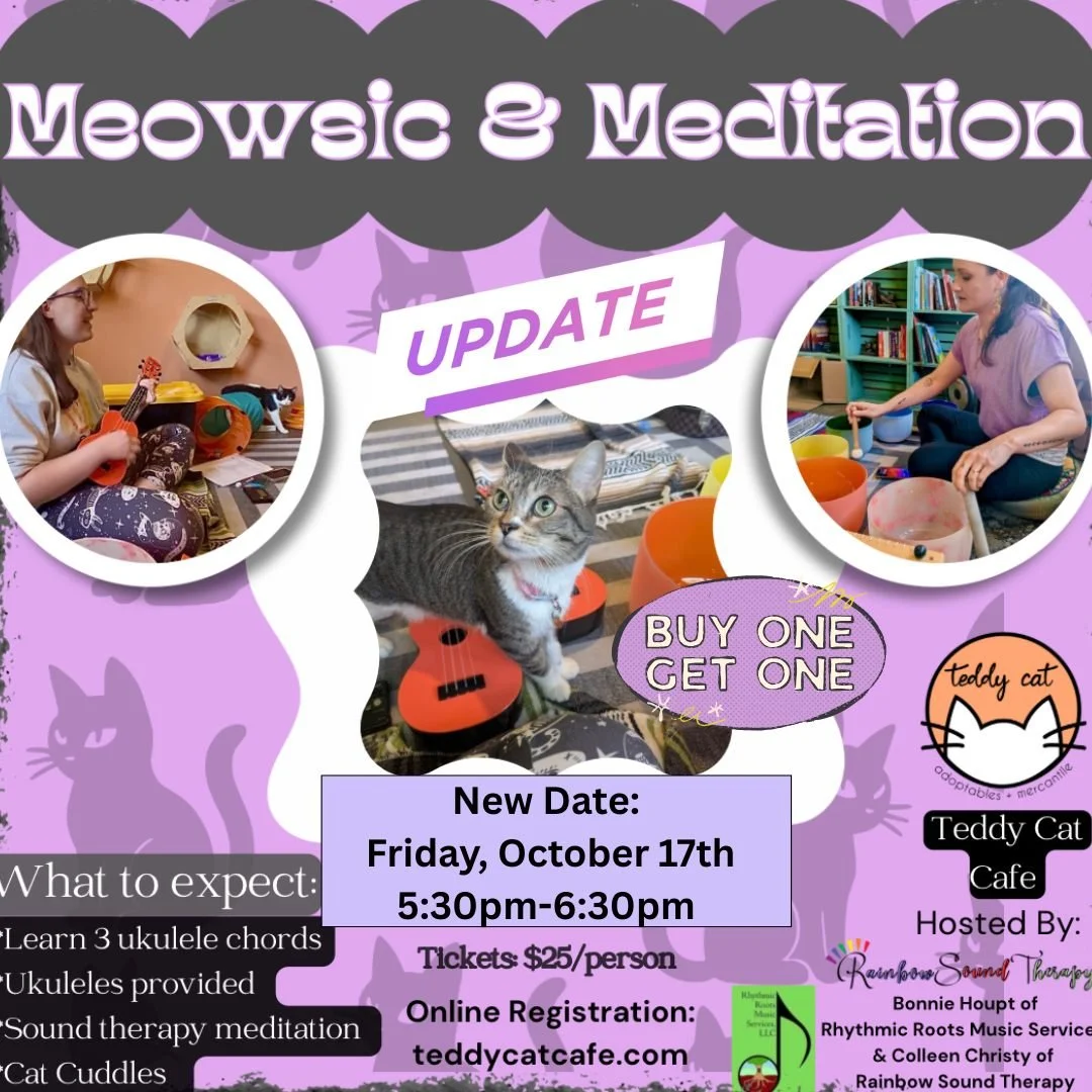 We have rescheduled our Meowsic &amp; Meditation to October 17th and hope that you can make it! Tickets are buy one, bring a friend for free: https://www.teddycatcafe.com/bookyourvisit

[Image description: A purple flyer with black cats in the backgr