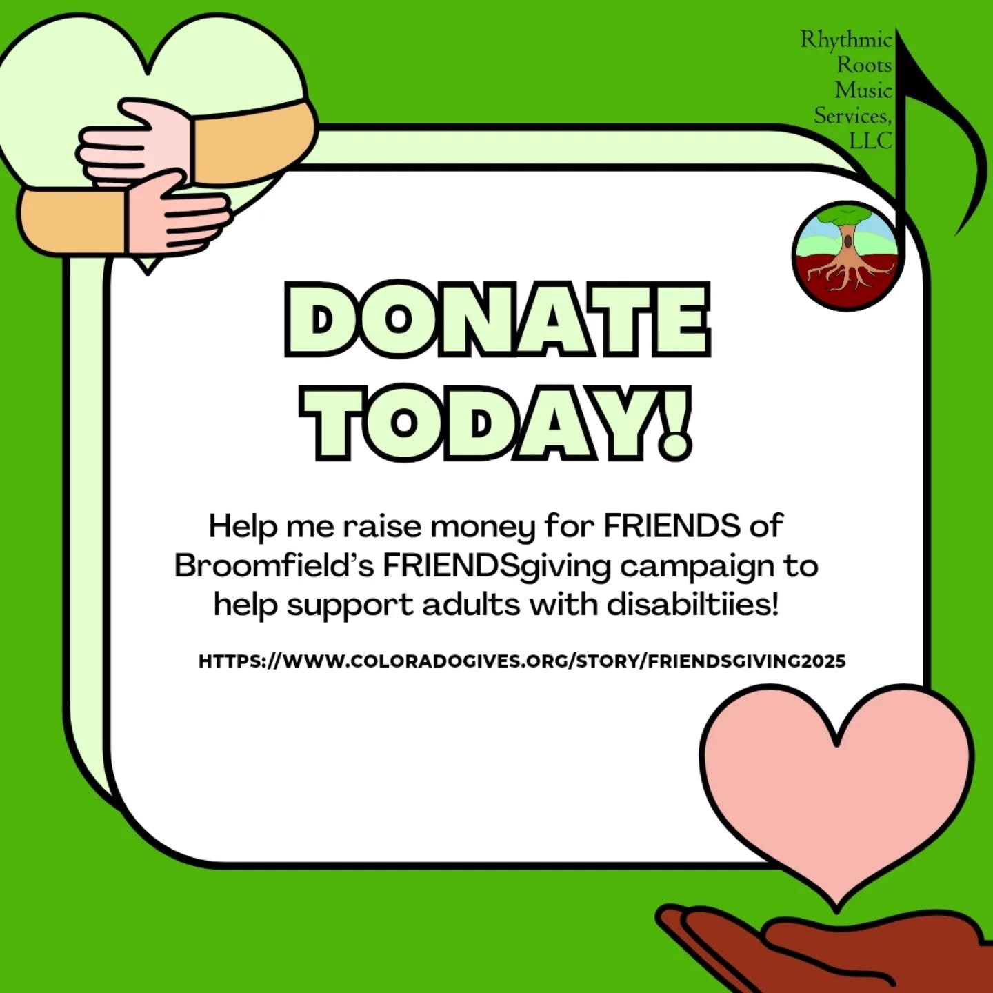Help me raise money for @friendsofbroomfield this FRIENDSgiving season! Any amount helps: https://www.coloradogives.org/story/friendsgiving2025

[Image description: A hand holding a heart and arms hugging another heart in the corners as well as the b