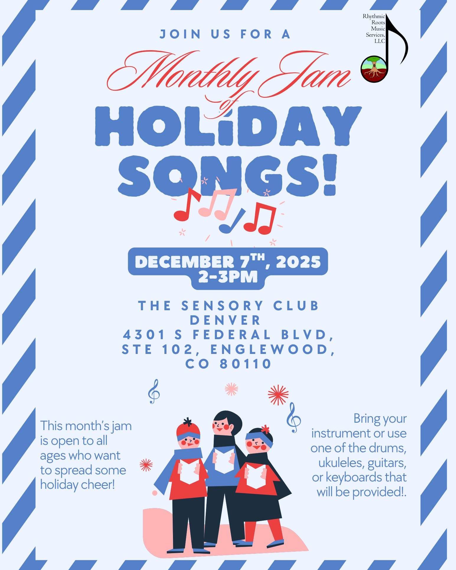 December's monthly jam at The Sensory Club is open to all ages! Come make holiday music and explore different instruments (guitar, piano, ukulele, drums). 🎵 Free for Sensory Club members and $15 for non-members for an hour of festive fun in the gym!