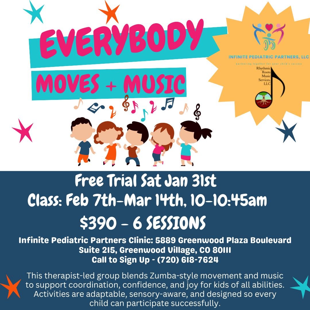 Come join! @infinite_pediatric_partners and I are hosting a fun, free trial class of Everybody Moves + Music on Saturday, January 31st, 2026! We will be hosting a Zumba and music class in February and March! Call 720-618-7624 to sign up!

[Image desc