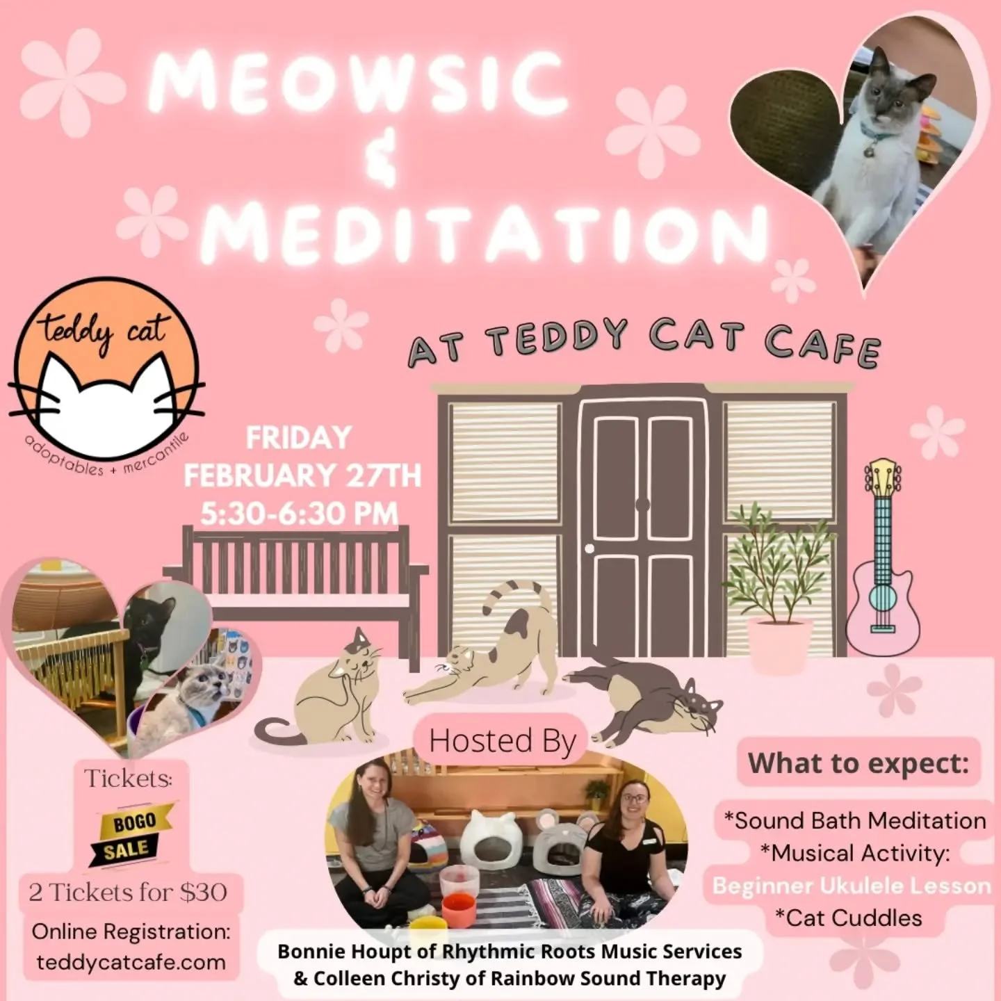 We hope you can join us for Meowsic &amp; Meditation on February 27th at 5:30pm. It will be an hour of self-love through ukulele playing and a relaxing sound bath. Tickets are buy one get one free (date night or friends!): https://www.teddycatcafe.co