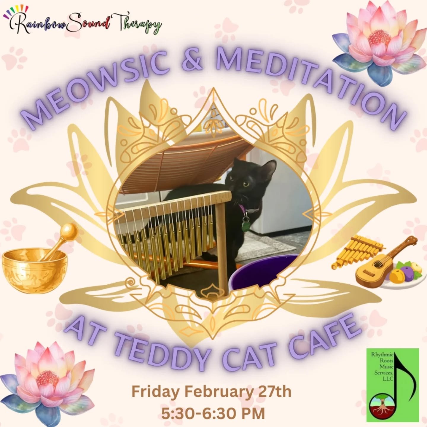 Come learn ukulele and relax to a sound bowl meditation! Our next Meowsic &amp; Meditation is on February 27th at 5:30pm. Tickets are buy one, bring a friend for free: https://www.teddycatcafe.com/bookyourvisit

[Image description: A flyer for Meowsi