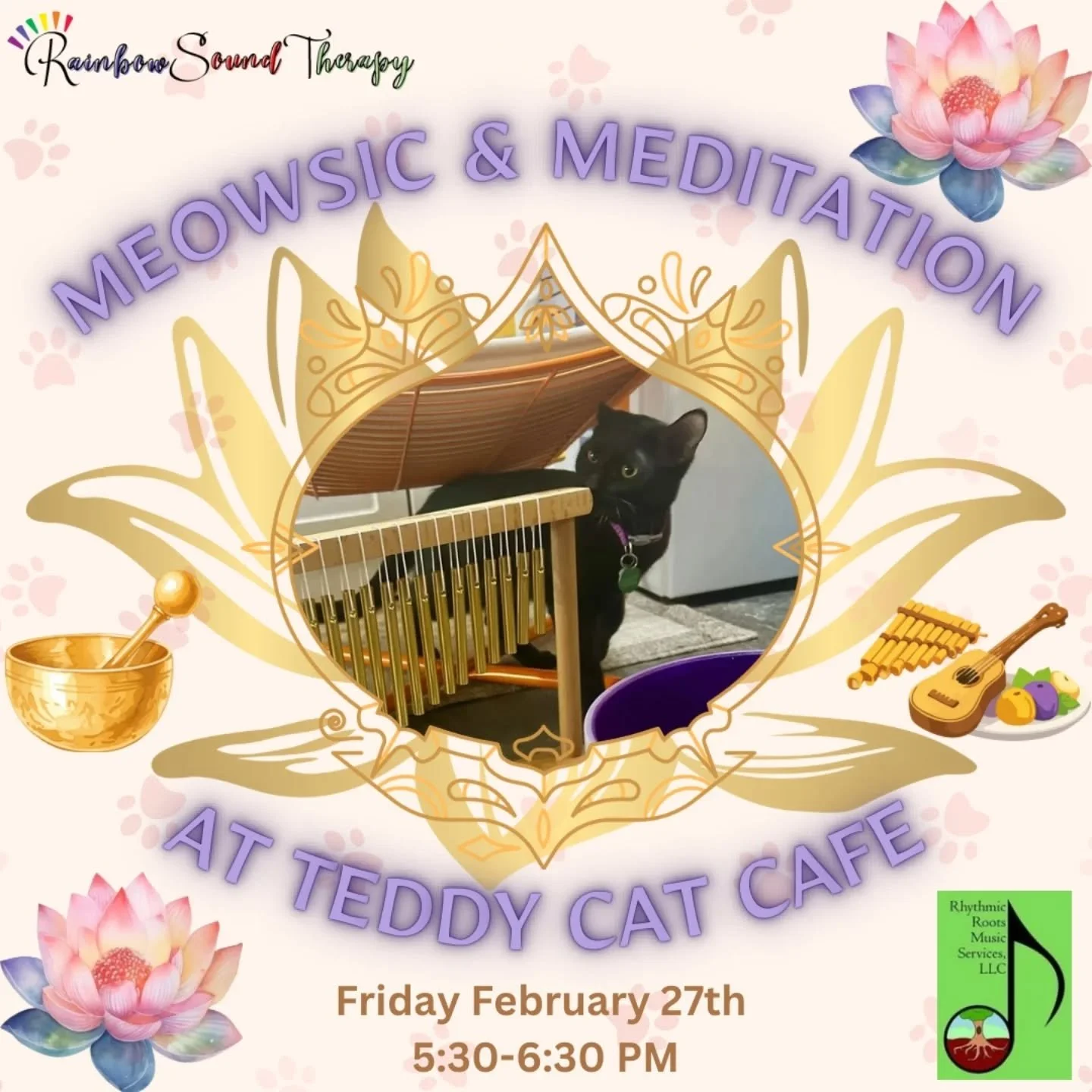 Come learn ukulele and relax to a sound bowl meditation! Our next Meowsic &amp; Meditation is on February 27th at 5:30pm. Tickets are buy one, bring a friend for free: https://www.teddycatcafe.com/bookyourvisit

[Image description: A flyer for Meowsi