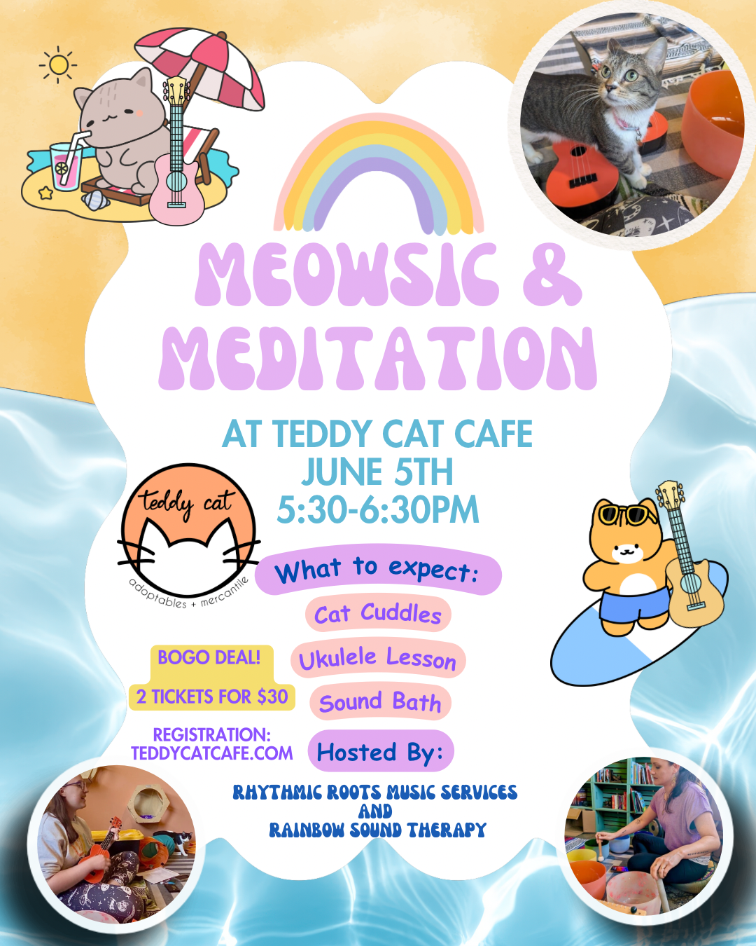Flyer for Meowsic & Meditation on June 5th at 5:30pm