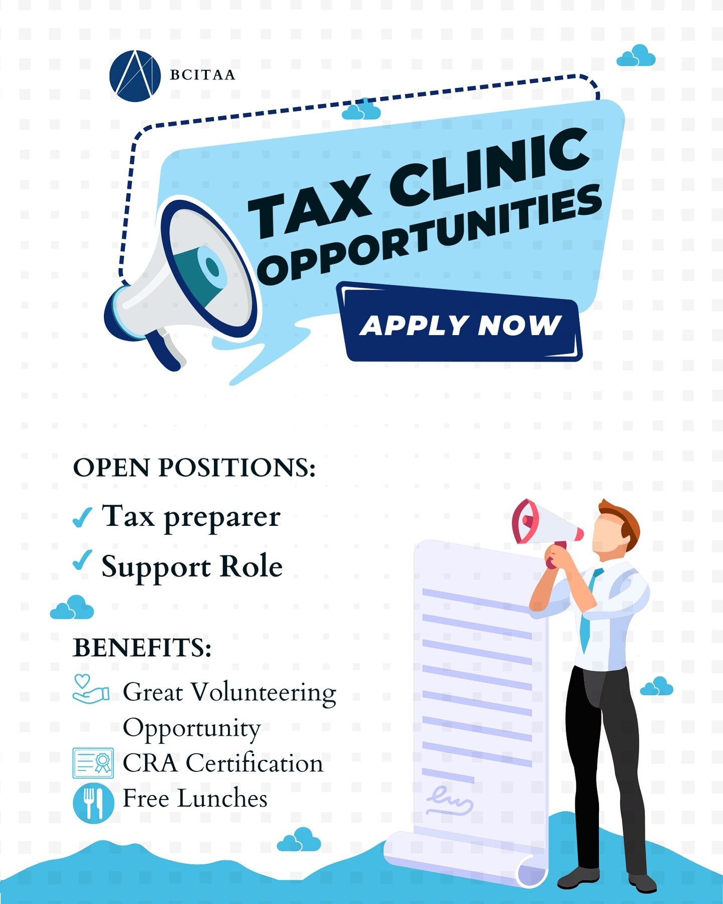 Looking for experience to put on your resume? Look no further! The BCIT Accounting Association is hosting the Tax Clinics on April 3rd, 10th and 17th on the Burnaby Campus and April 2nd on the Downtown Campus. Join our Tax Clinic as a Volunteer to be