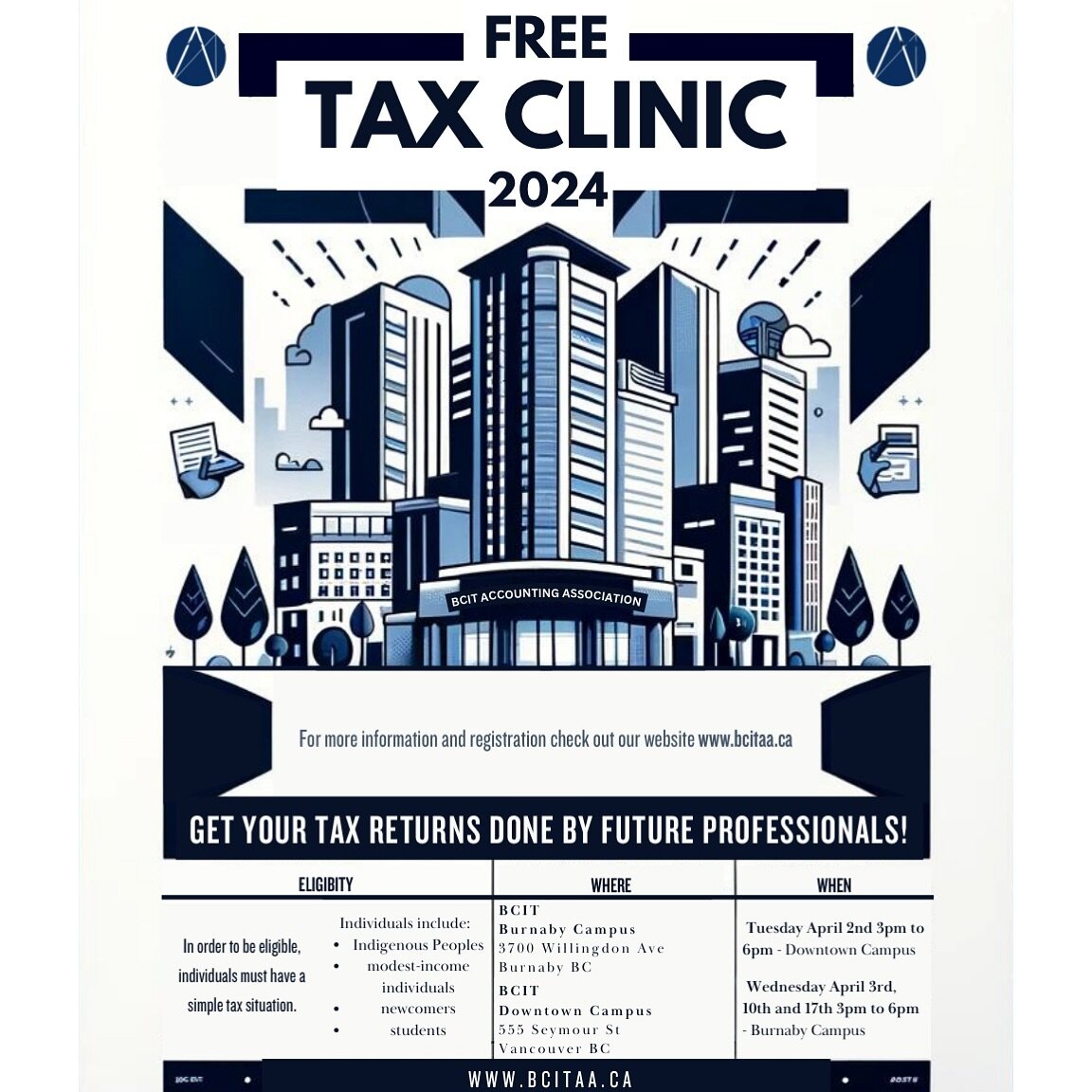Have you filed your taxes yet? 

Book an appointment with us today and get your tax return done by future professionals! Bookings are now open for the month of April. 

𝙀𝙡𝙞𝙜𝙞𝙗𝙡𝙚 𝙞𝙣𝙘𝙤𝙢𝙚:
Income for single person under $35,000
Combined in