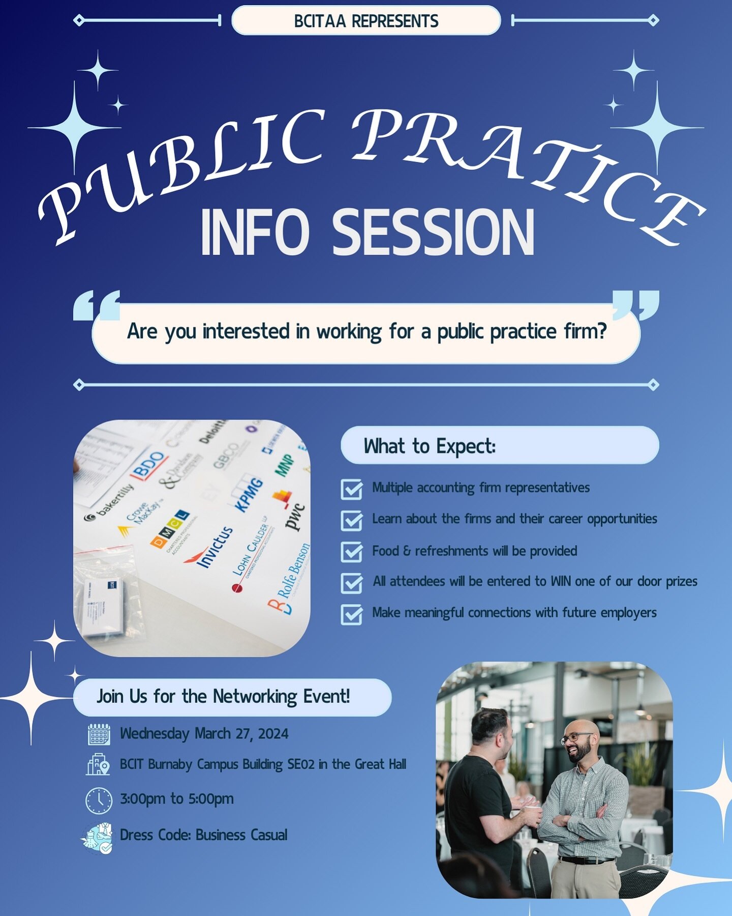 📢Are you interested in working for a public practice firm? Join us in the upcoming Public Practice Info Session to learn about the firms and their career opportunities! You can get to know the representatives from some of Vancouver&rsquo;s accountin