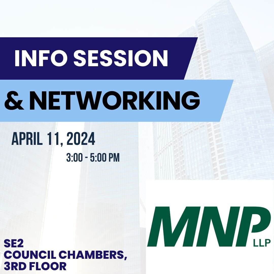 Join @mnpllp on campus for an information session and networking! Discover exciting opportunities and gain insights into the world of Accounting. The MNP team will delve into industry specifics, career paths, and the skills needed to excel in this dy