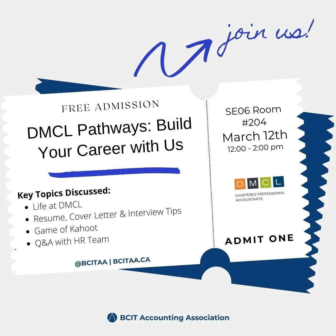 📚✨ Spring Break isn&rsquo;t just for relaxing &ndash; it&rsquo;s for leveling up your career! 🚀

BCIT students, don&rsquo;t miss out on this exclusive event with @dmclcpallp, a public firm! Get expert advice on your resume, cover letter, and even a