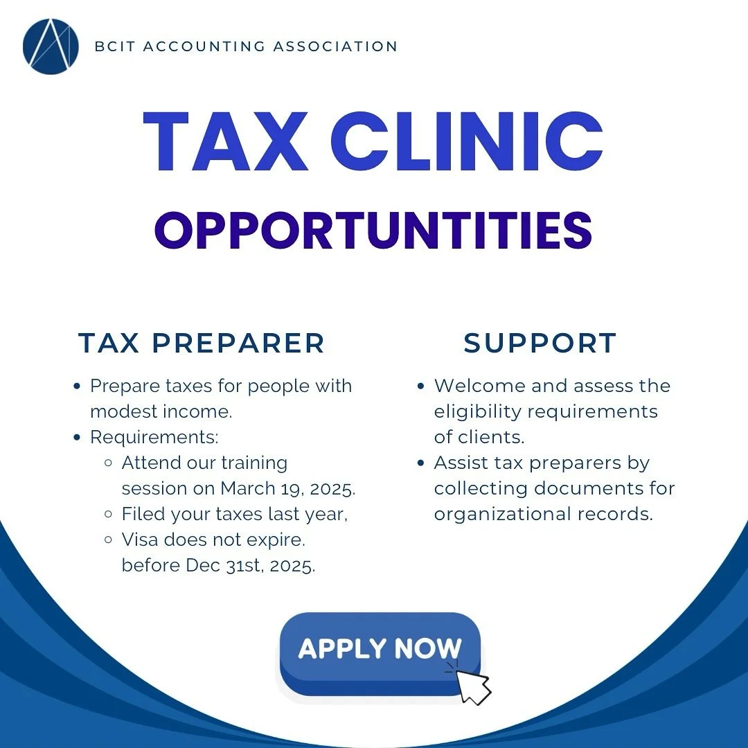 Looking for experience to boost your resume? 🚀 The BCIT Accounting Association is hosting Tax Clinics at the Burnaby Campus on April 4th, 11th, and 16th and Downtown Campus on April 2nd! Volunteer as a tax preparer or in a support role. No prior exp