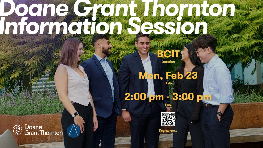 📣 Calling all BCIT accounting students!
@doanegrantthorntoncareers is hosting an info session at BCIT Downtown Campus 🏙️

Come learn about who we are, student opportunities, and pathways to co-op and post-grad articling roles. Plus&mdash;light refr
