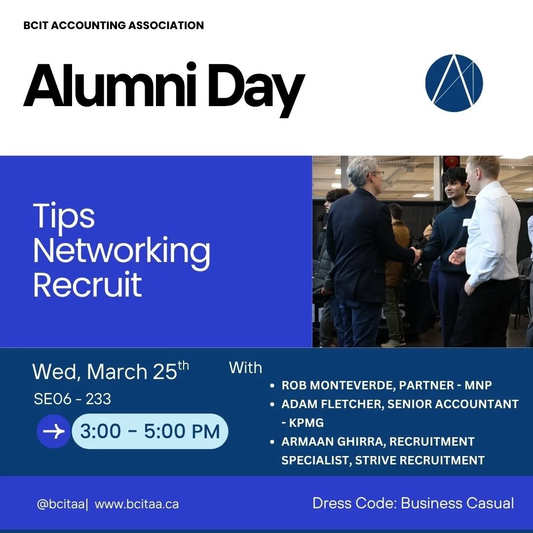 Ready to level up your career game? 📈✨

Join BCITAA for Alumni Day! We&rsquo;re bringing back some incredible accounting pros to share the real stories behind their career journeys. If you&rsquo;re heading into recruit, this is your chance to grab t