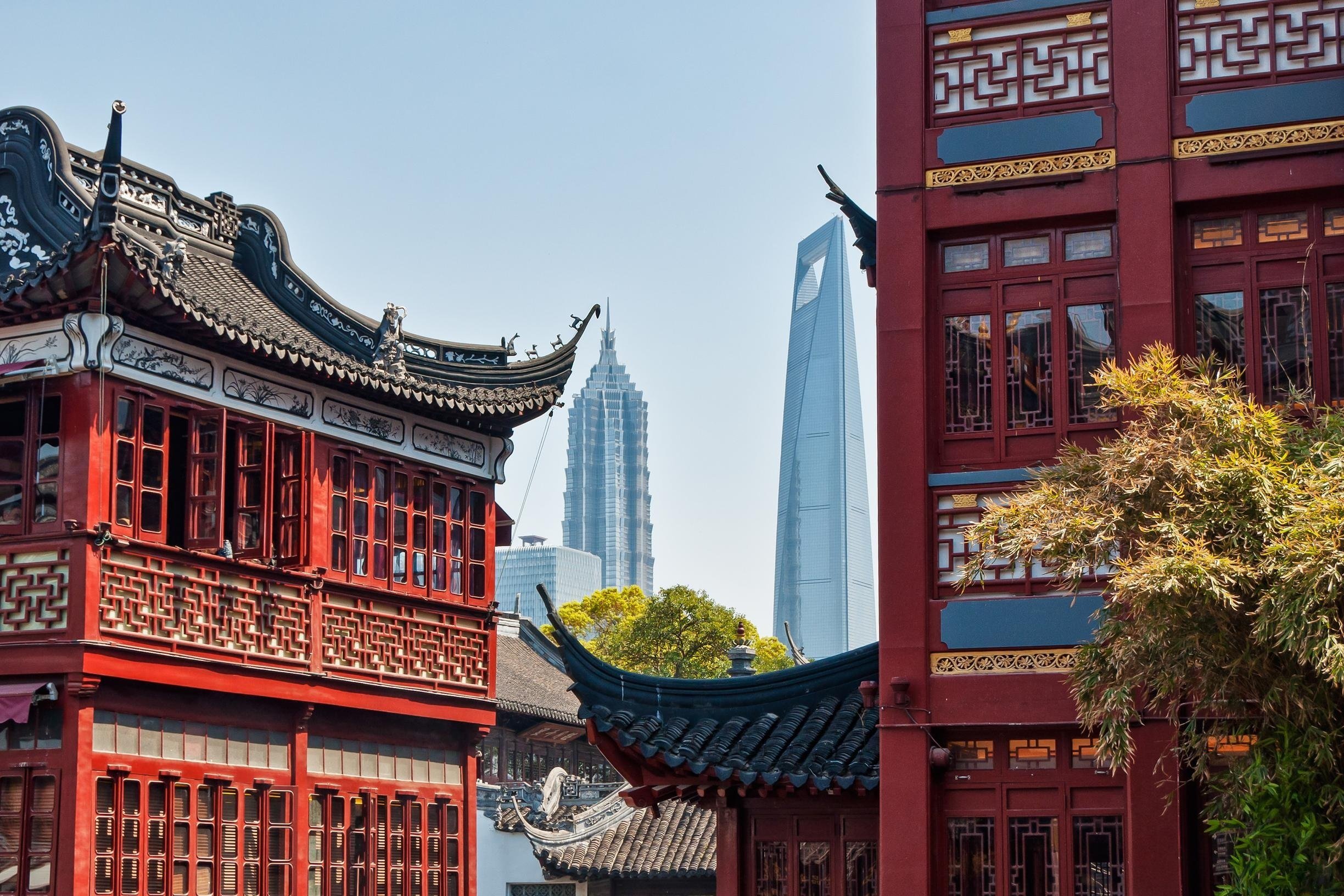 Shanghai skyscrapers seen from Old City of Shanghai.