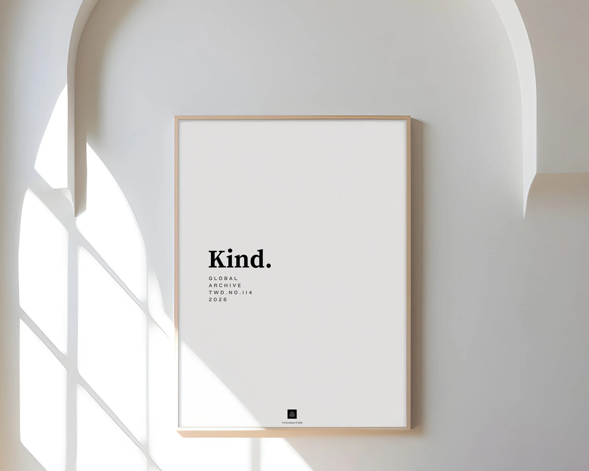 A minimalistic white poster with the word 'Kind.' in bold black text, includes publication details at the bottom.