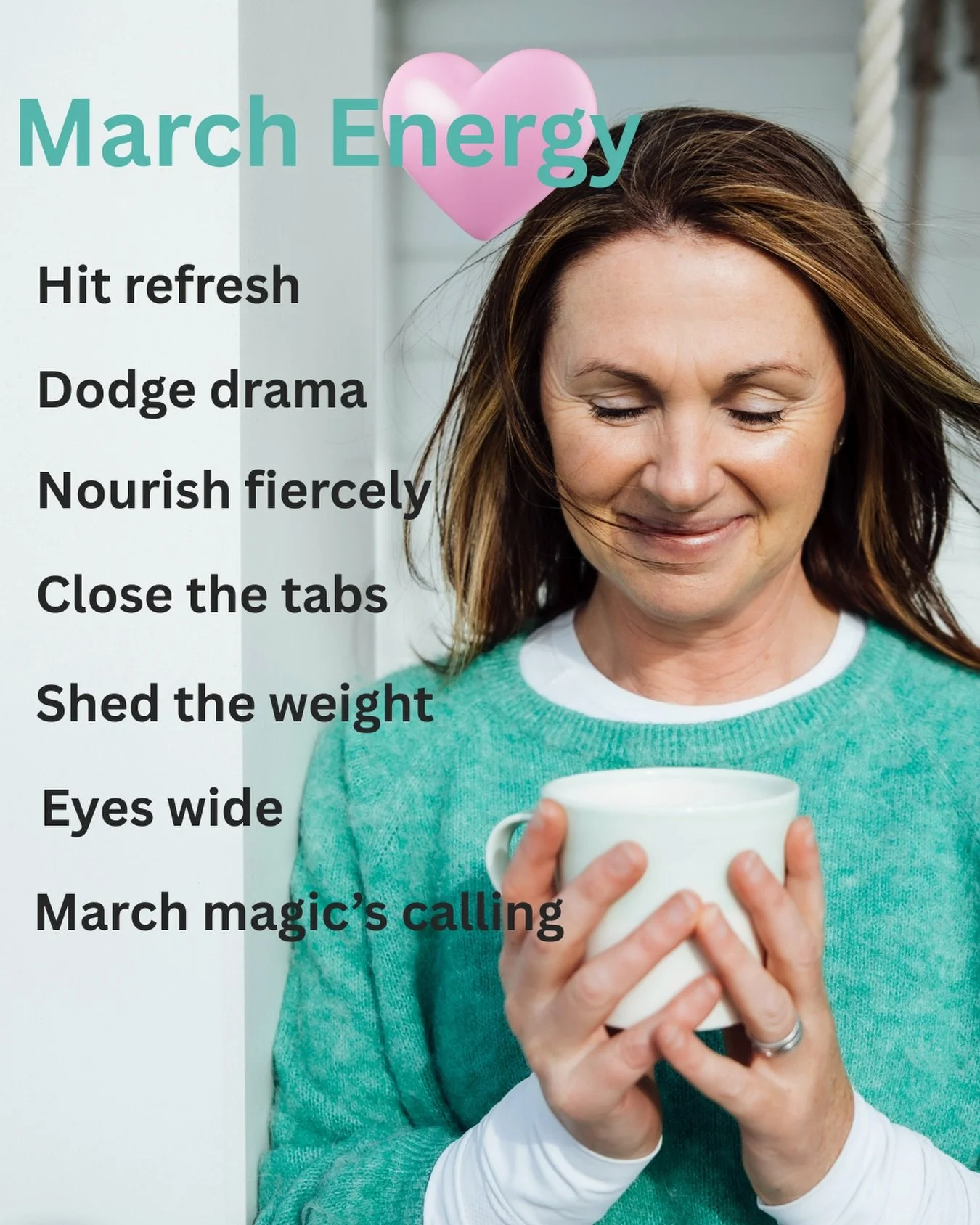My March vibe ⬇️

✅ Hit refresh - move with love
✅ Dodge drama - life&rsquo;s too short
✅ Nourish fiercely - fuel what glows
✅ Close the tabs - declutter your soul
✅ Shed weight - to feel lighter in the ways you need 
✅ Eyes wide - to see the magic 
