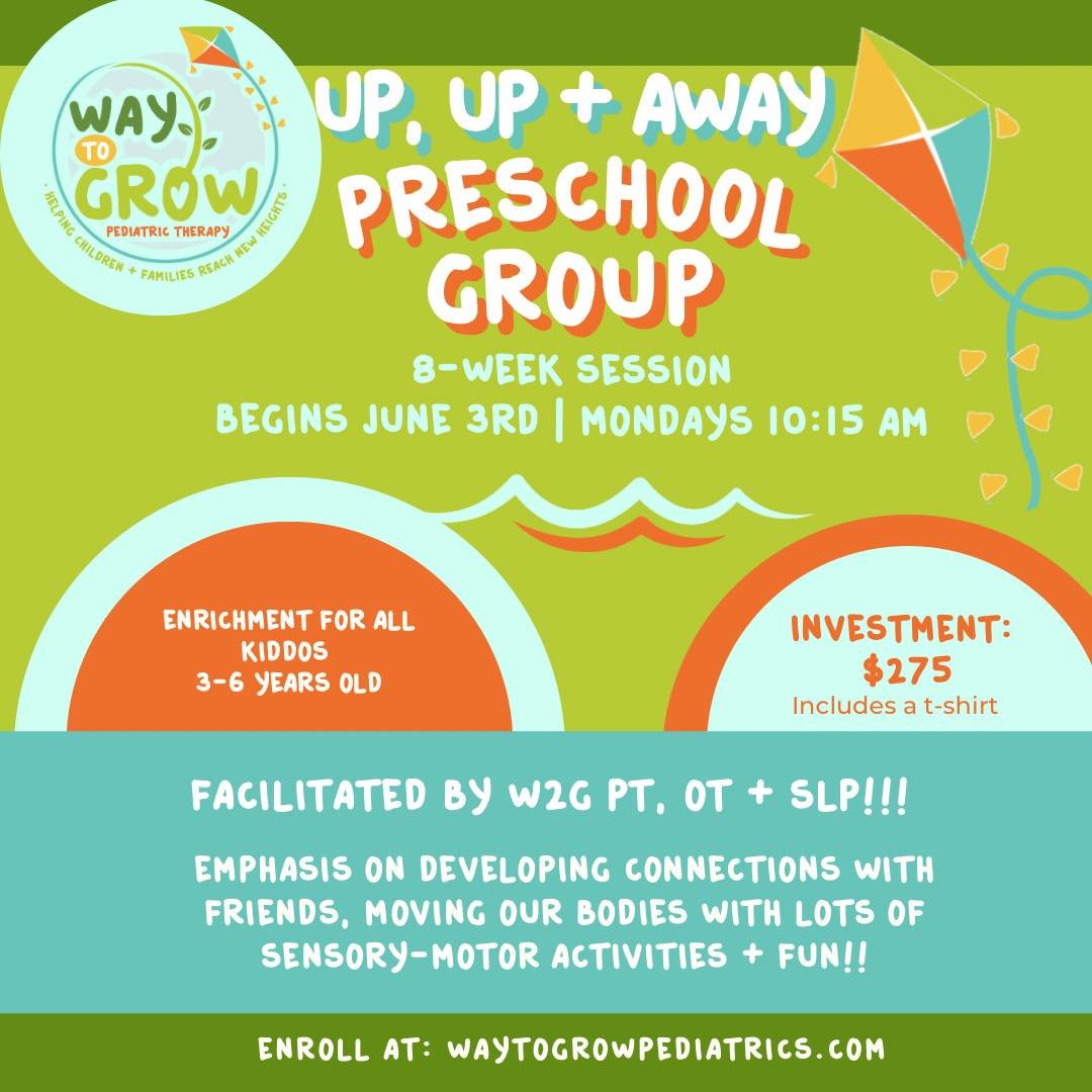 🚀🌈 Join Us for the Up, Up + Away Toddler &amp; Preschool Groups! 🚀🌈

📆 8-Week Sessions Begins June 3rd
Toddler Group: Mondays 9:00 - 9:45 AM
Preschool Group: Mondays 10:15 -11:00 AM

ENRICHMENT for ALL Littles 
Toddlers: 18-36 months + parent/ca