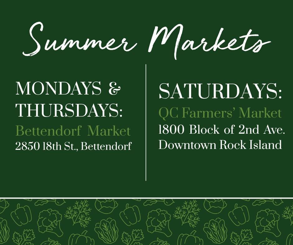 Farmers Market season is in full swing! We hope you'll stop by our farm stand at the Bettendorf Farmers Market on Monday and Thursday afternoons (2:30&ndash;5:30) or on Saturday mornings (8&ndash;noon) in Rock Island at the @qcfarmersmarket! Treat yo